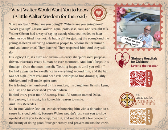 Walter Gibson's legacy lives on through his family and the charitable acts he inspired in others.