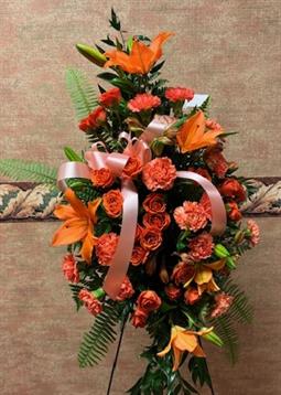 A bouquet of flowers with a ribbon