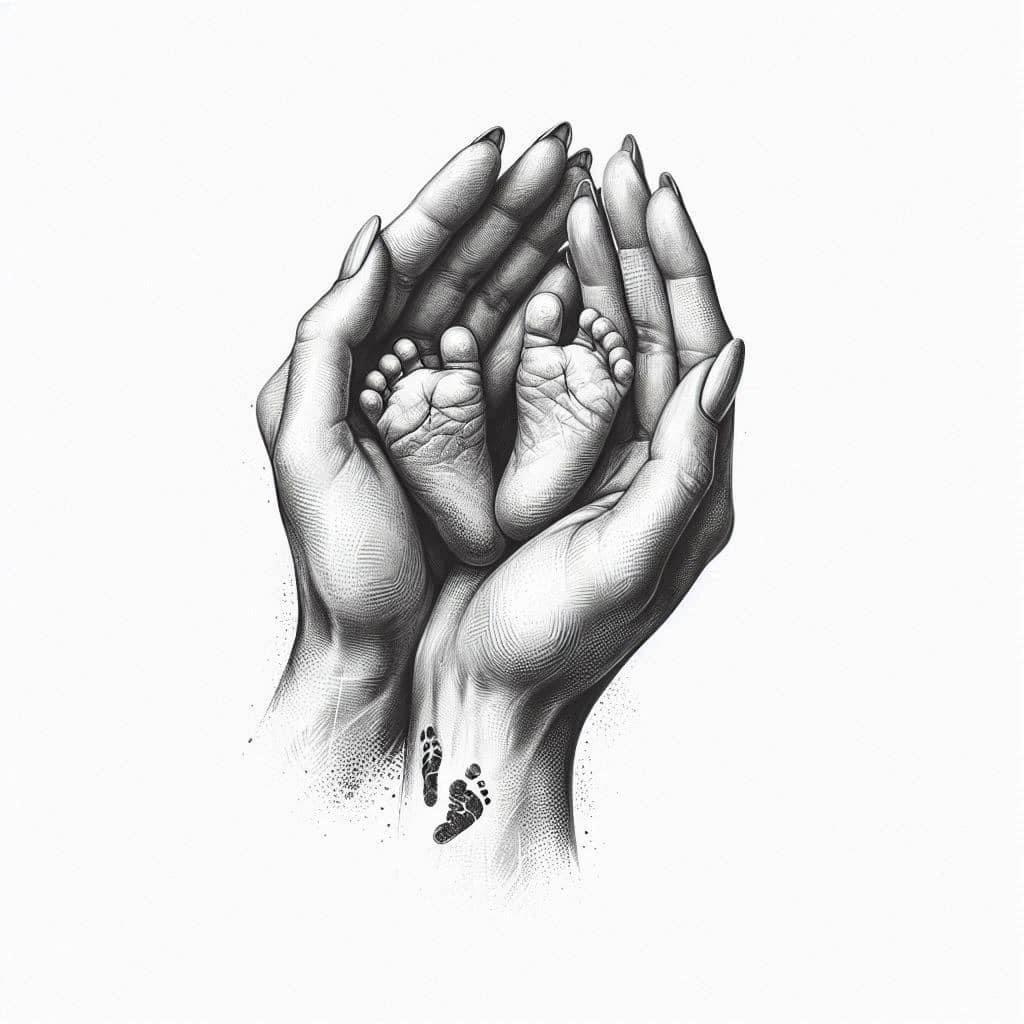 Two hands gently holding tiny newborn feet, symbolizing love and protection in an artistic style.