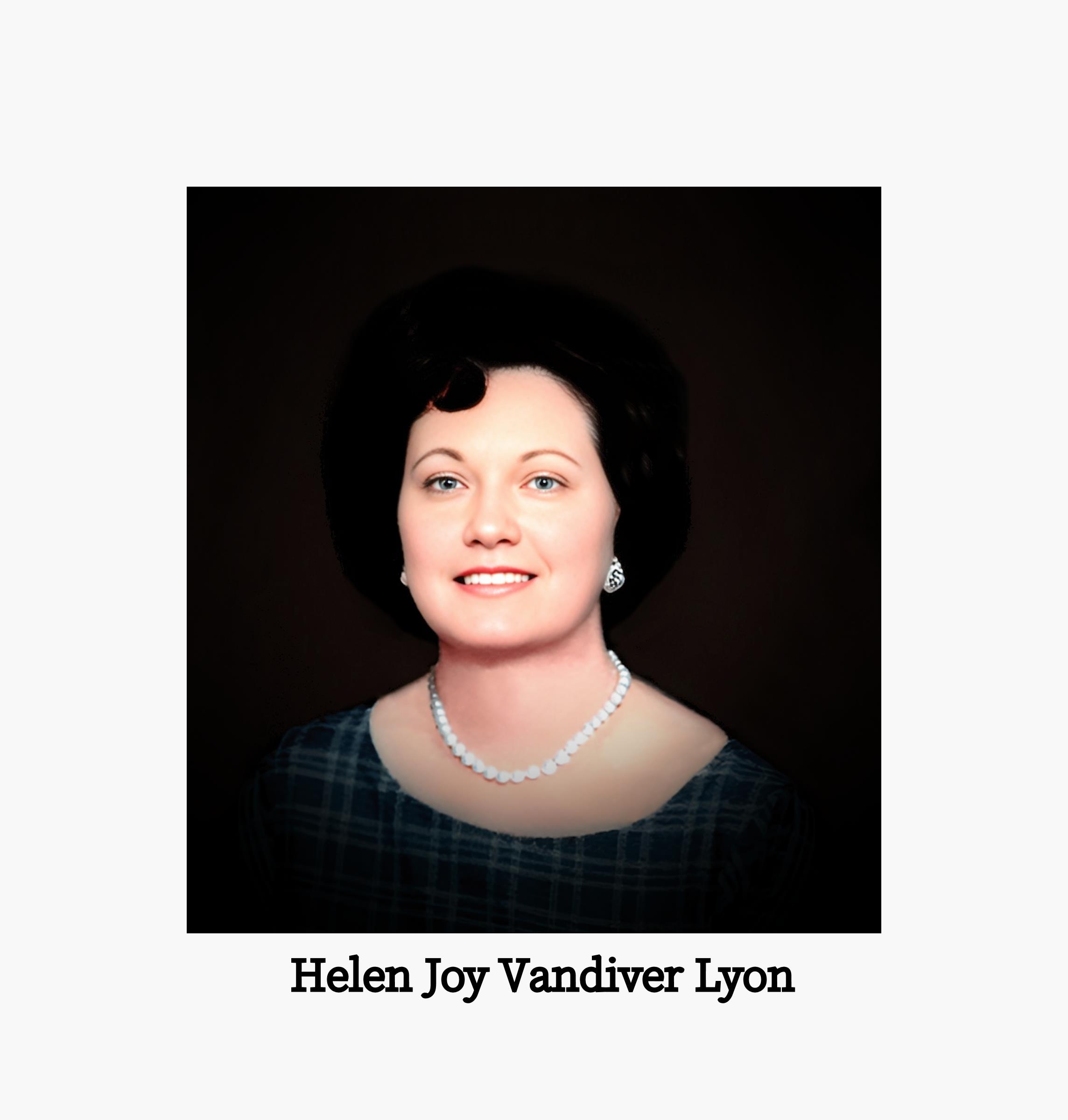 Helen Joy Vandiver Lyon poses gracefully wearing pearls, showcasing timeless beauty and charm.