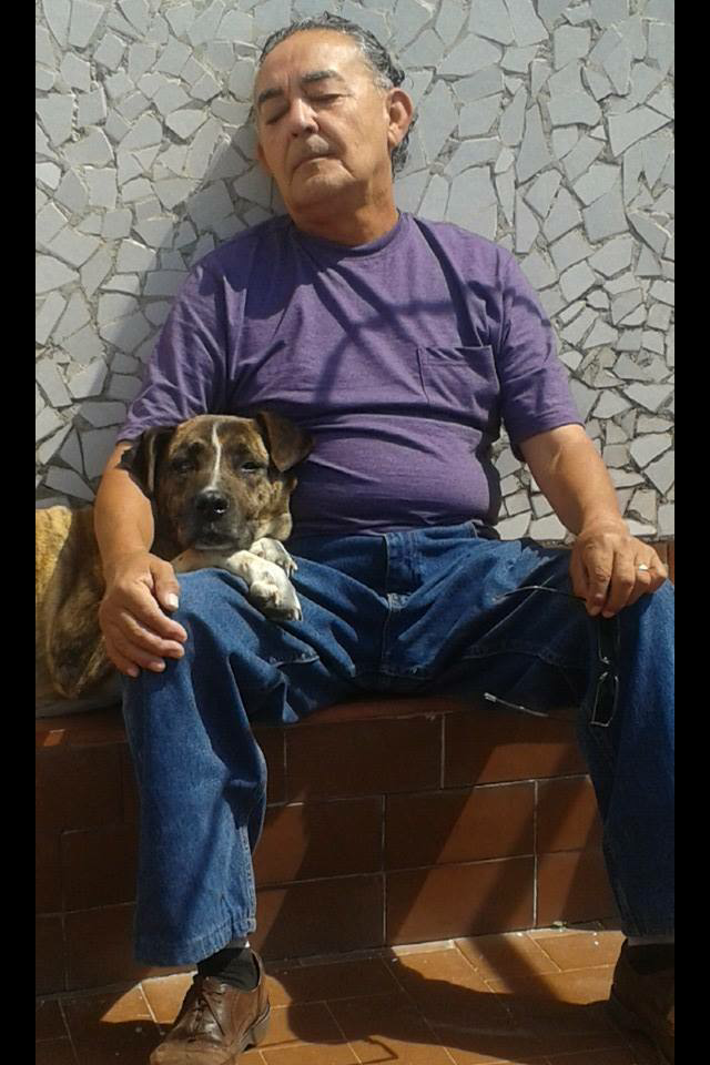 An elderly man sits comfortably on a bench with his dog nestled beside him, soaking up the sun.