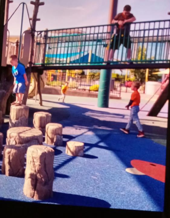 Kids engage in various activities at a vibrant playground on a sunny day.