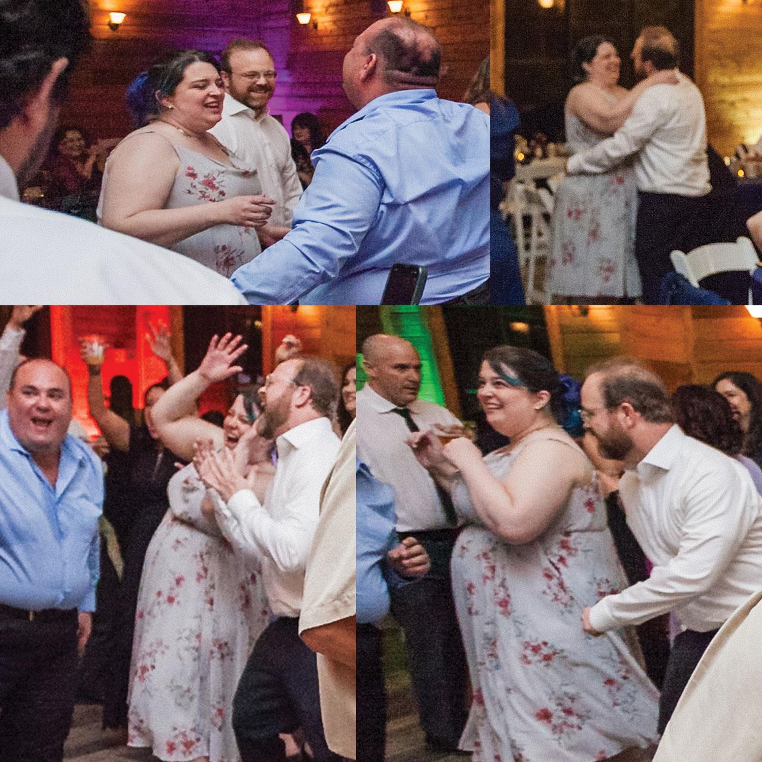 Friends and family dance energetically together under colorful lights at a festive gathering.