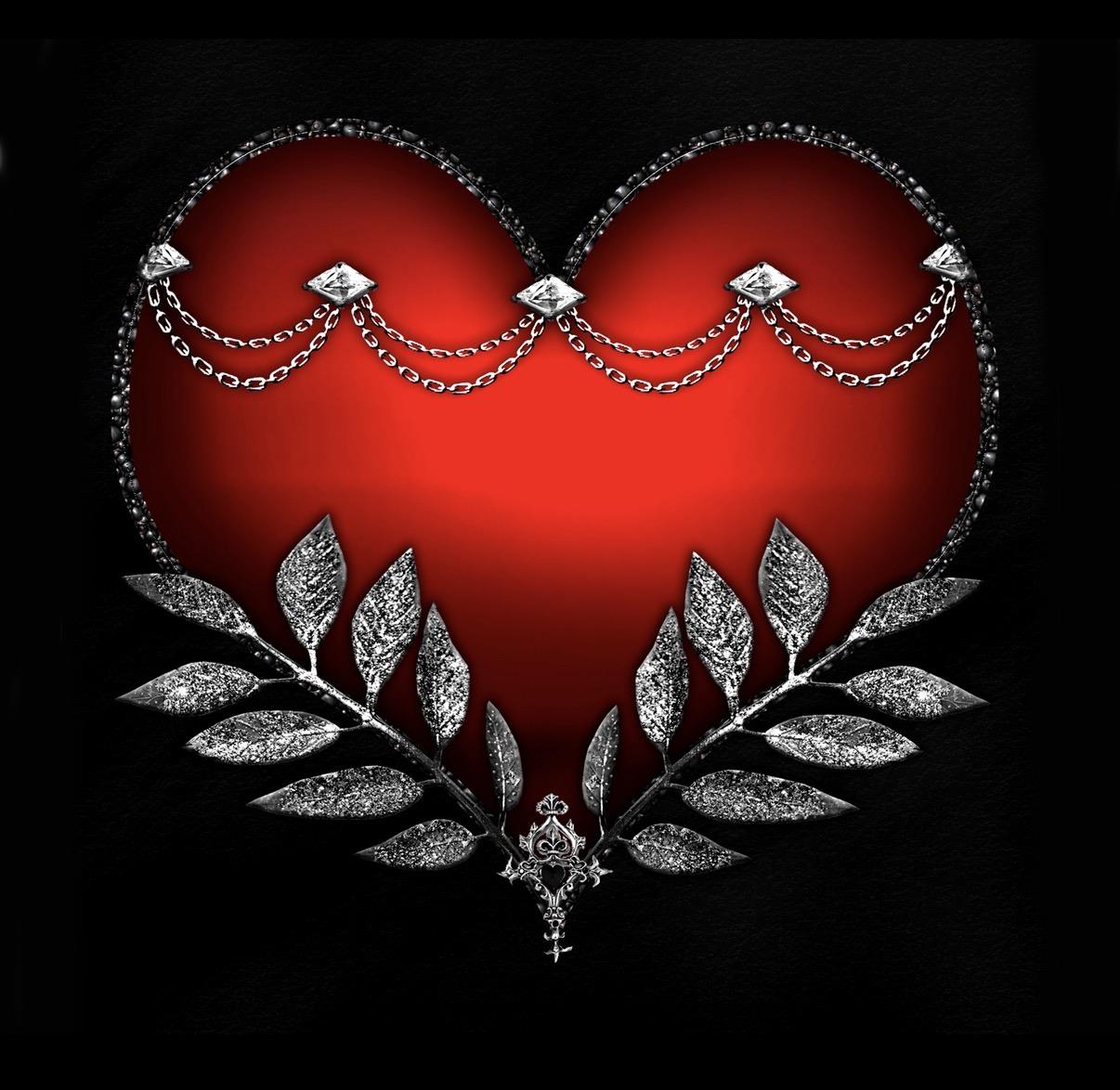 A heart with silver and red chains and leaves