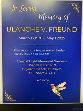 Invitation for a memorial service honoring Blanche V. Freund on June 15, 2025, at 10 AM.