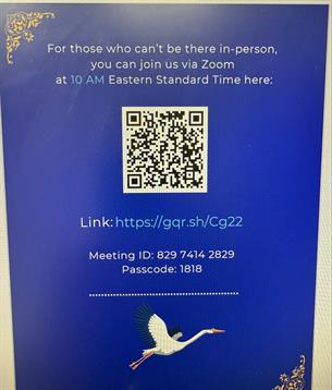 A virtual gathering invitation providing Zoom details and a QR code for easy access.