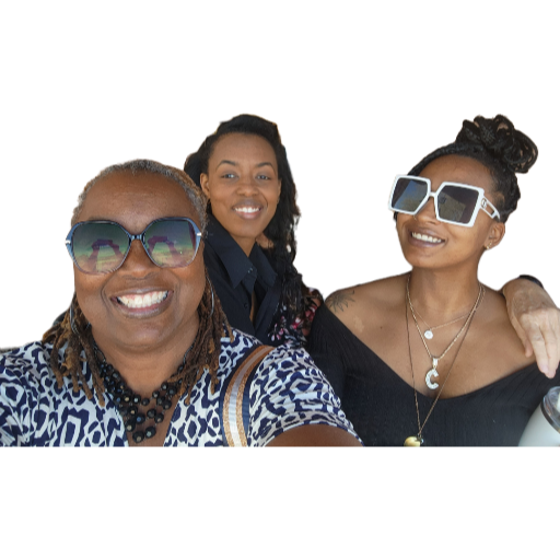 Three women enjoying a lighthearted moment outdoors, all wearing stylish sunglasses.
