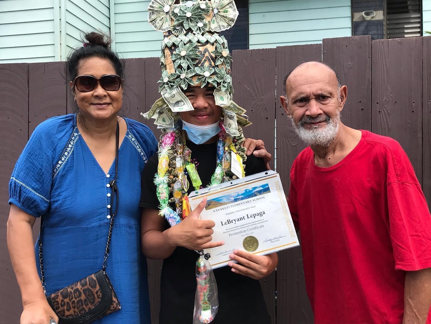 A man wearing a hat with money on his head and a man holding a certificate