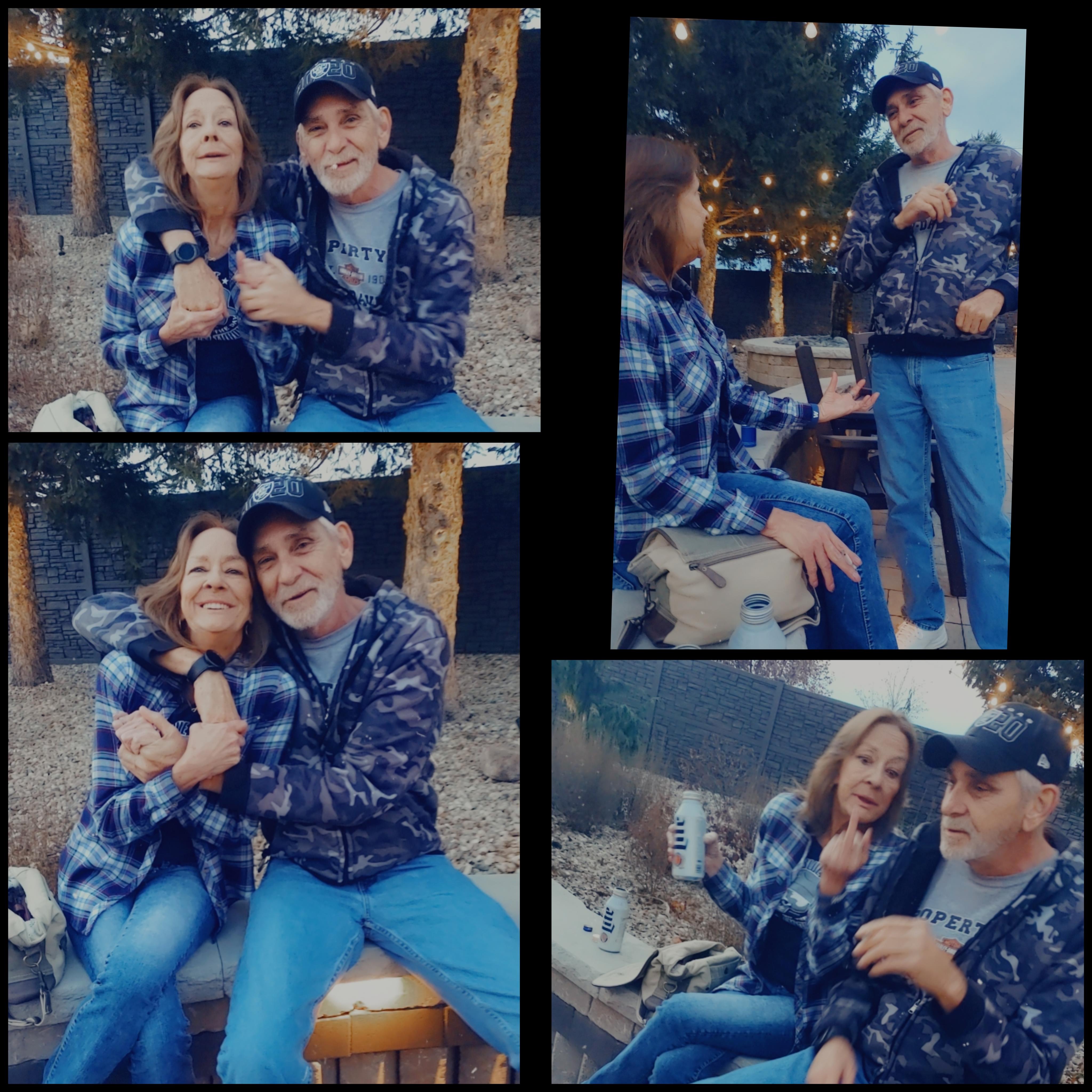 A joyful couple bonds over drinks and laughter in a picturesque outdoor area during twilight.