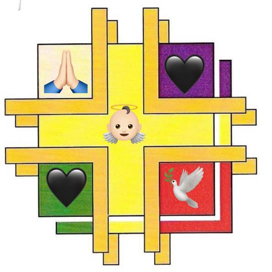 A colorful square with black hearts and a baby angel