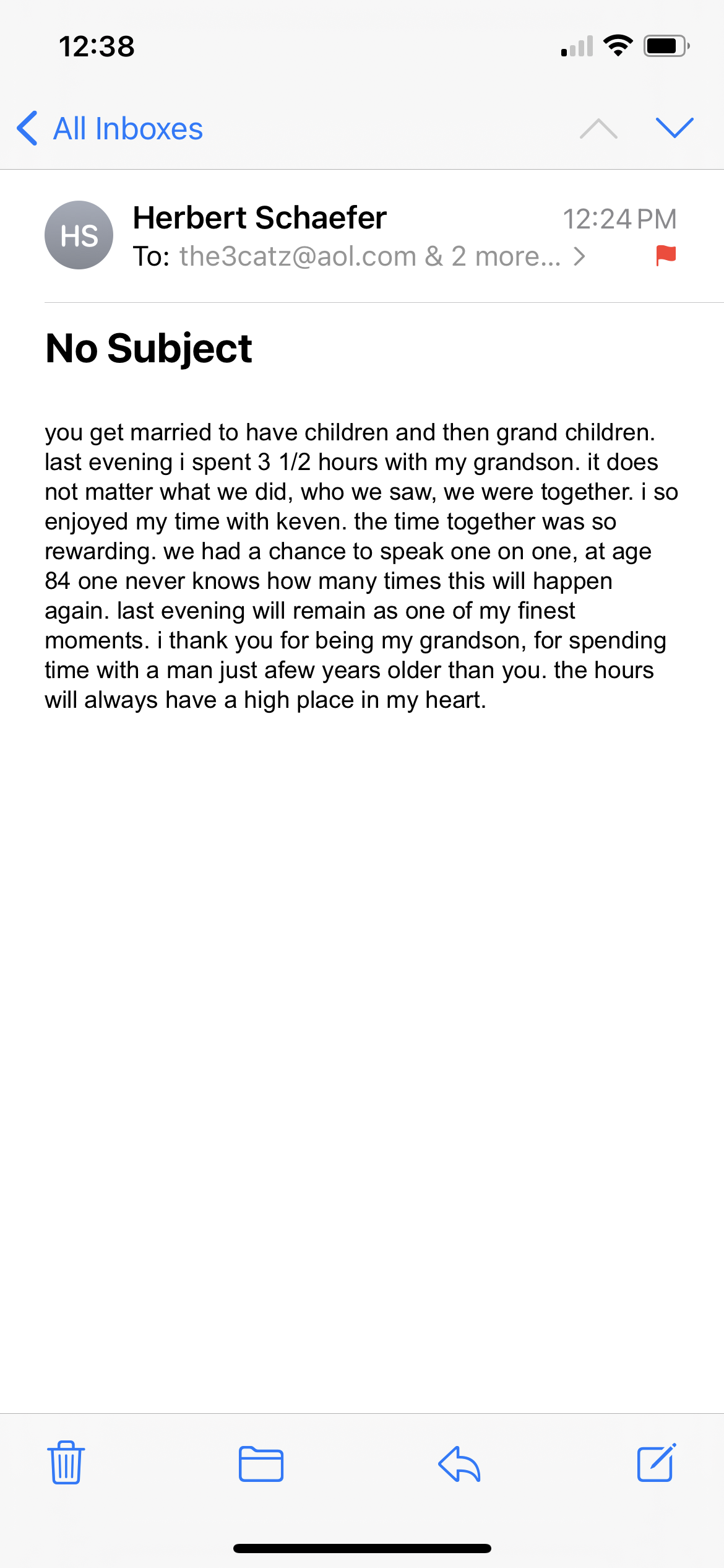 Grandfather recalls cherished moments with his grandson, emphasizing love and connection.