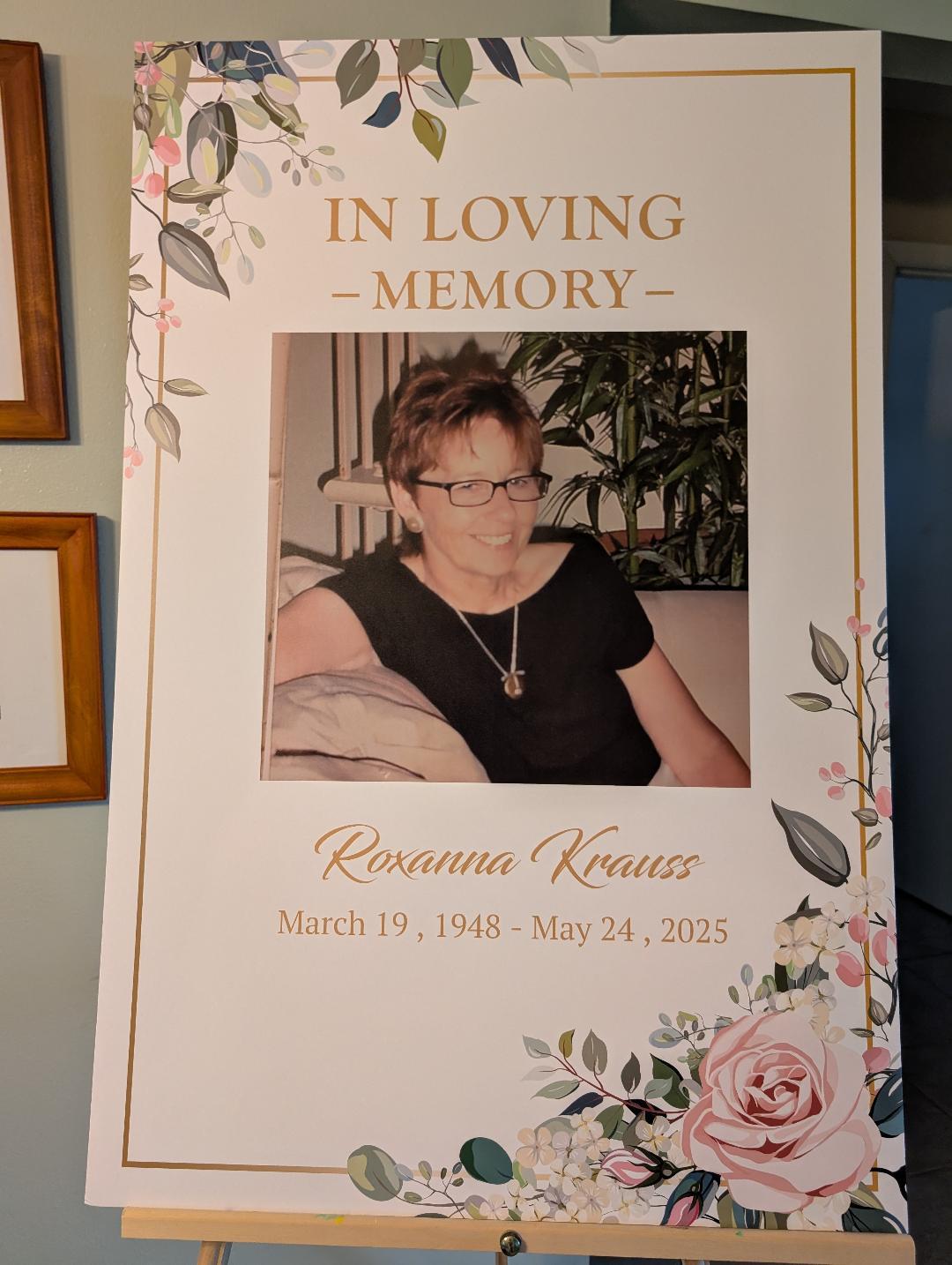 Tribute to Roxanna Krauss features a personal photo and floral decorations, celebrating her life.