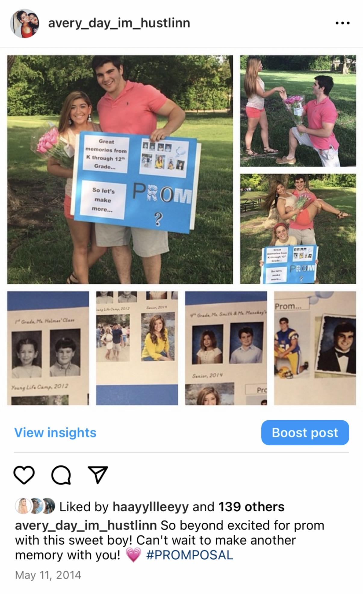 Couple holds a colorful sign celebrating prom while surrounded by greenery and joyful memories.