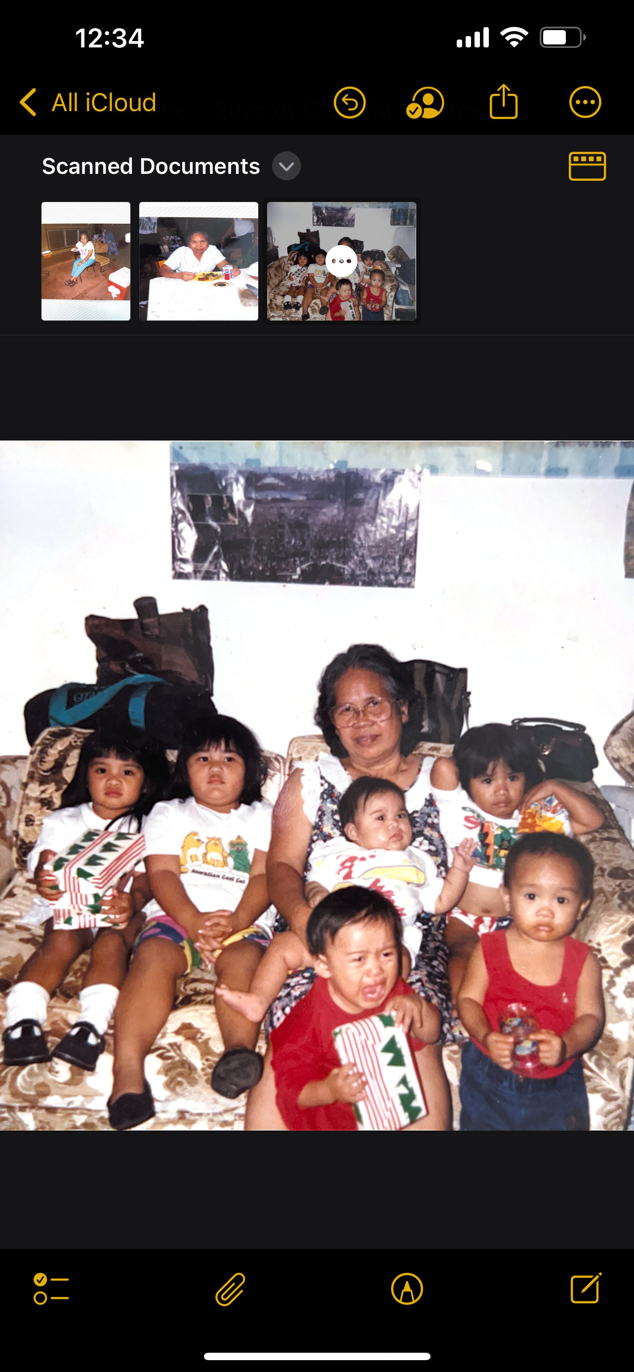 A grandmother and six smiling children sit together on a couch in a cozy living room.