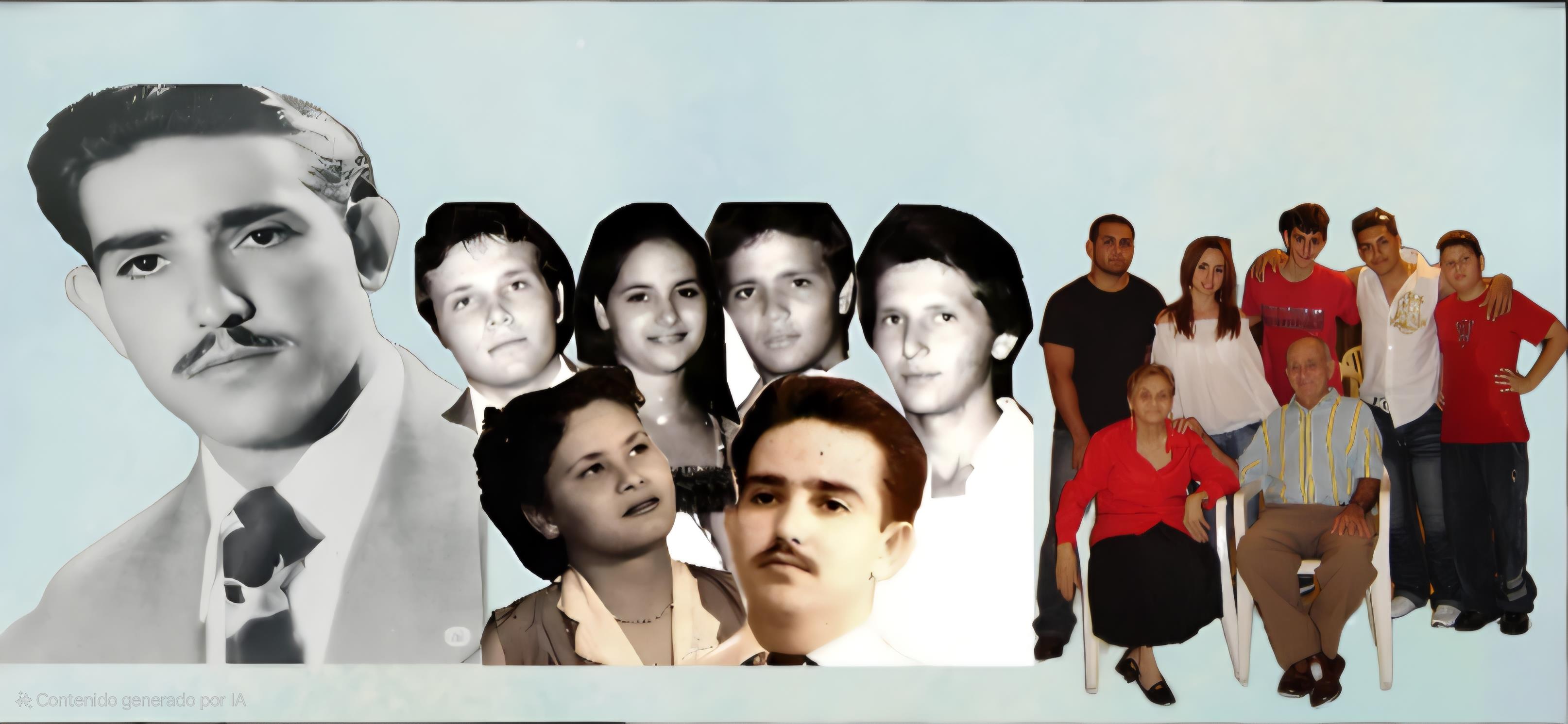 A collage representing multiple generations of a family with various portraits on a blue background.