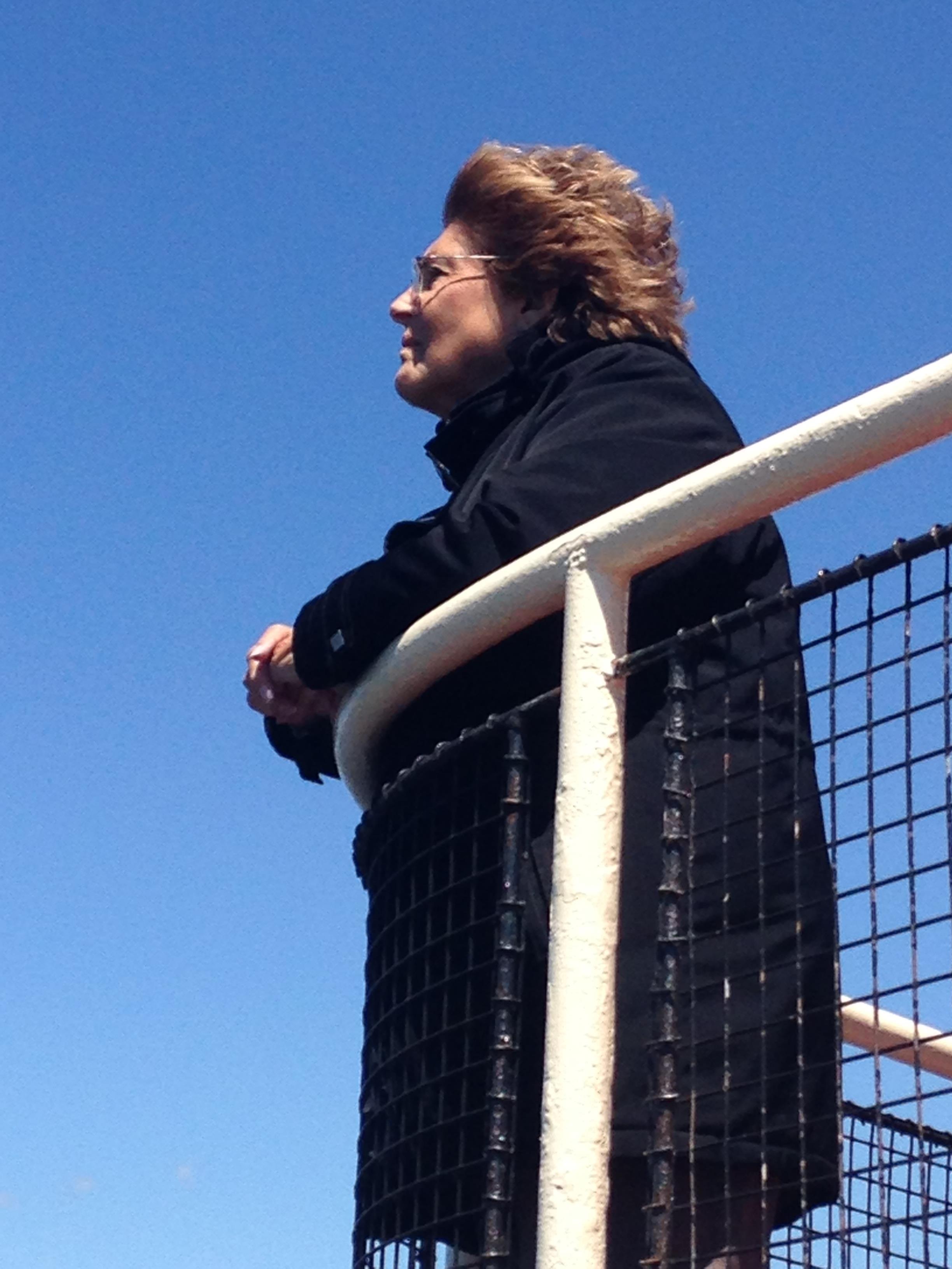A person stands on a boat railing, gazing at the horizon while wind blows through their hair.
