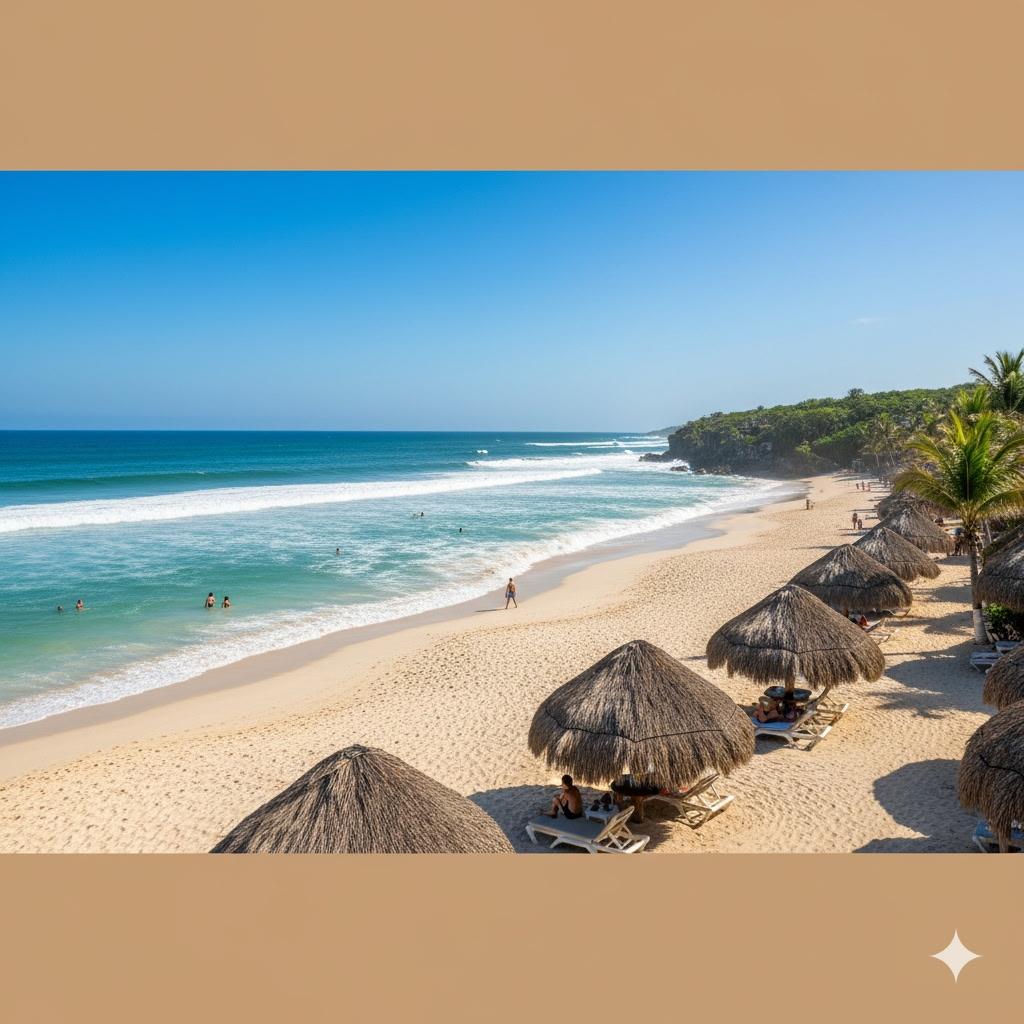 A beach with straw umbrellas and palm trees