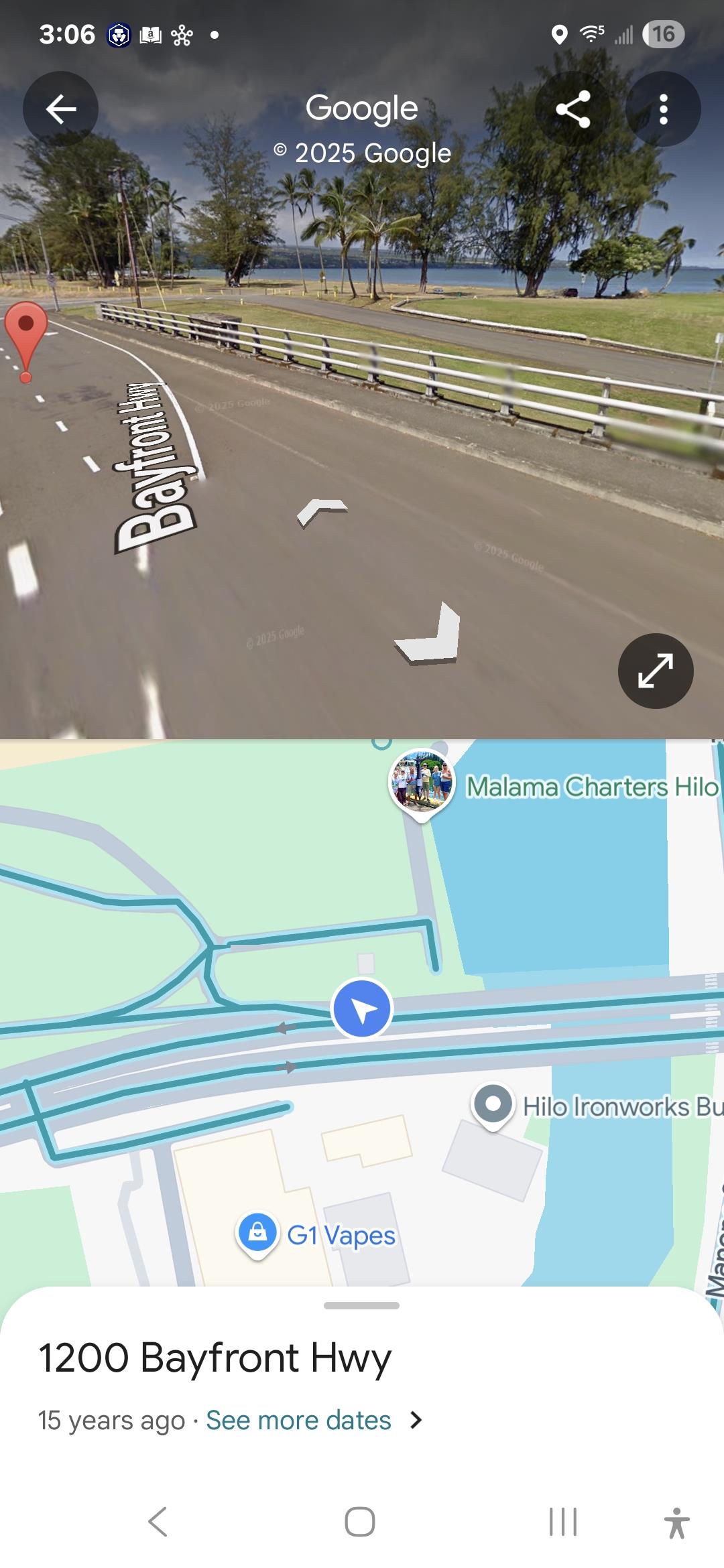 A view of Bayfront Highway in Hilo, featuring navigation directions and nearby landmarks.