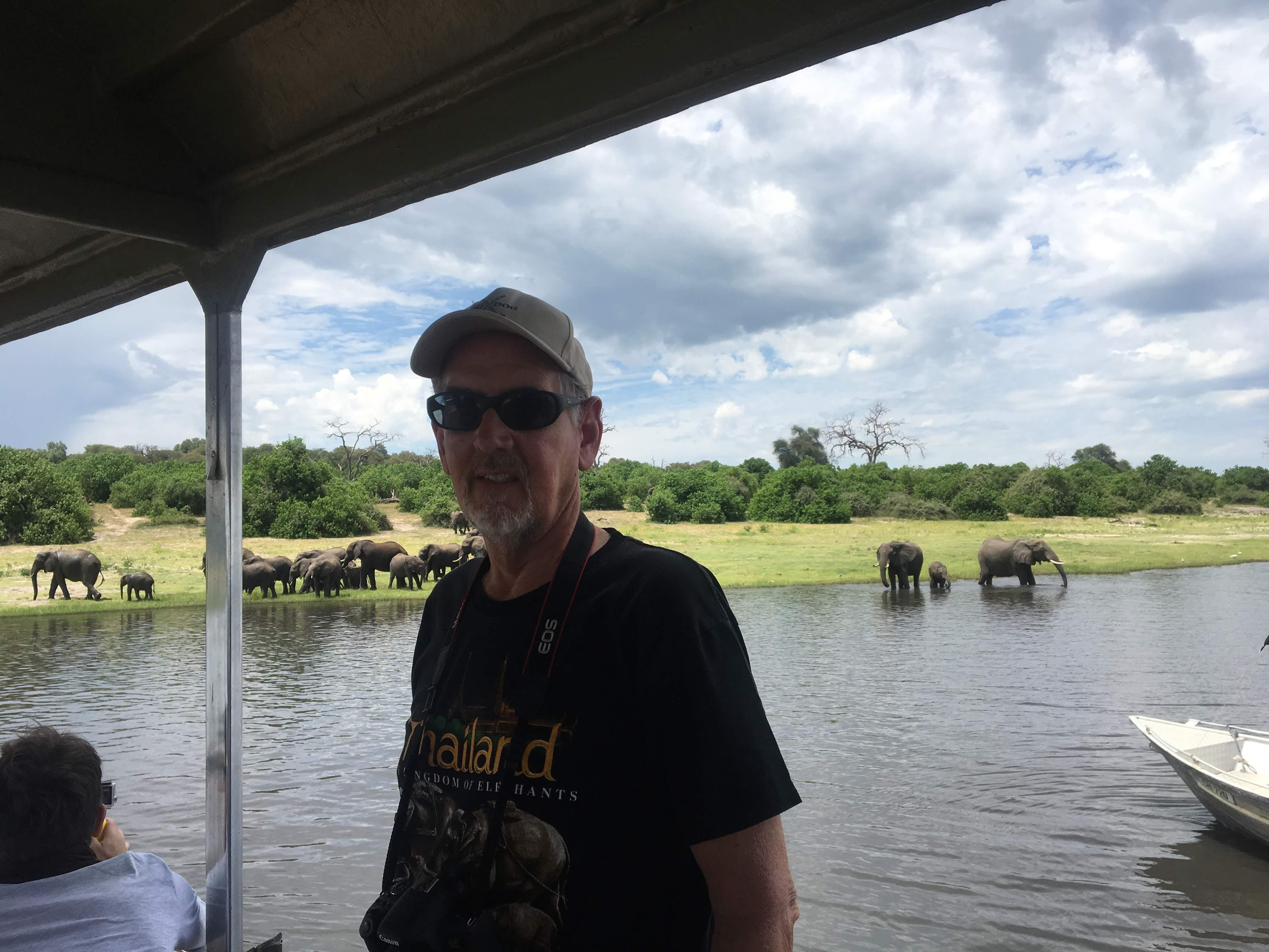 Man enjoying the view of elephants by the water in a lush landscape on a sunny day.