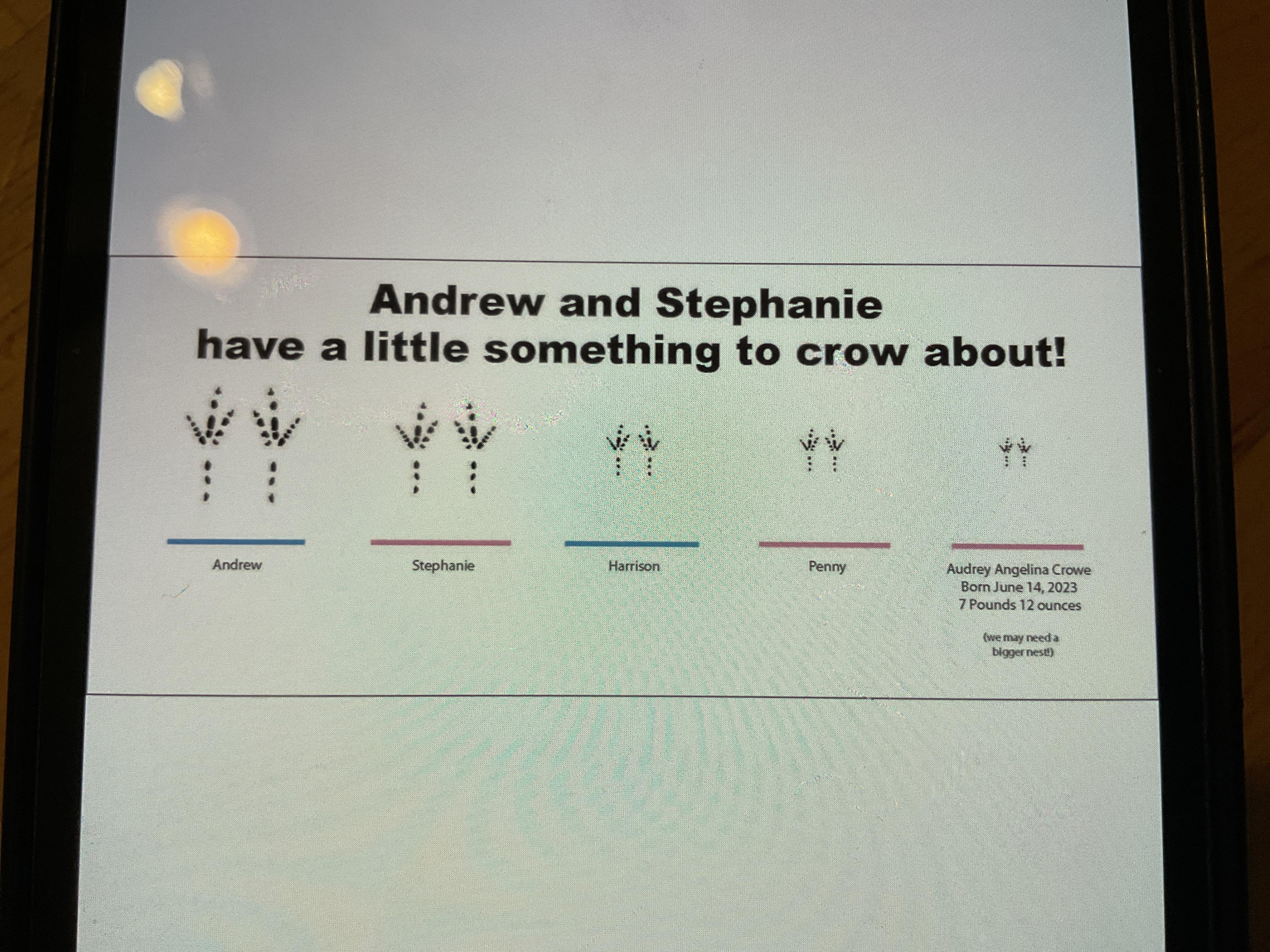 Family celebrates the arrival of a newborn with names and playful graphics on a display.