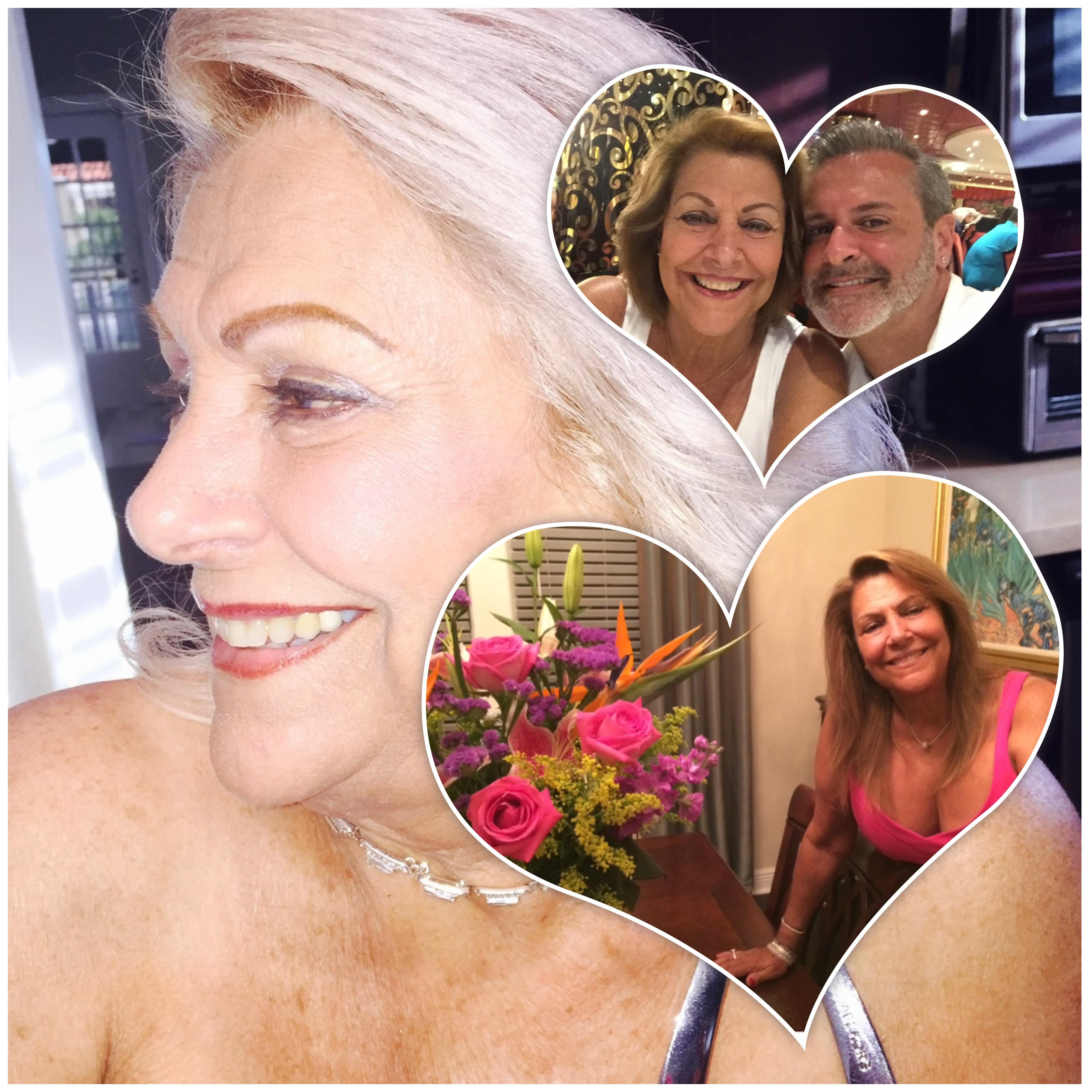 A woman smiles surrounded by heart-shaped photos of her beloved friends and family.