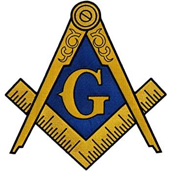 Freemason emblem displays a compass and square against a blue backdrop with yellow accents.