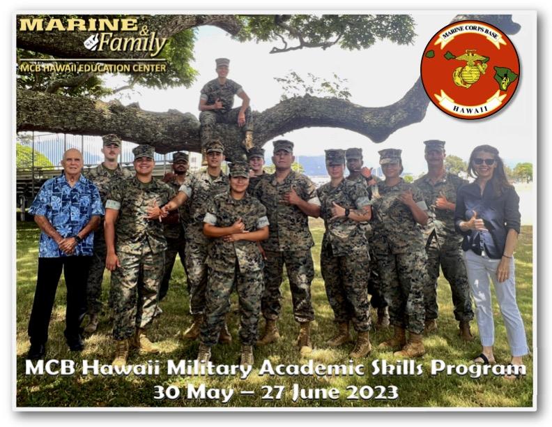 Military Academic Skills Program participants gather under a tree for camaraderie and learning.