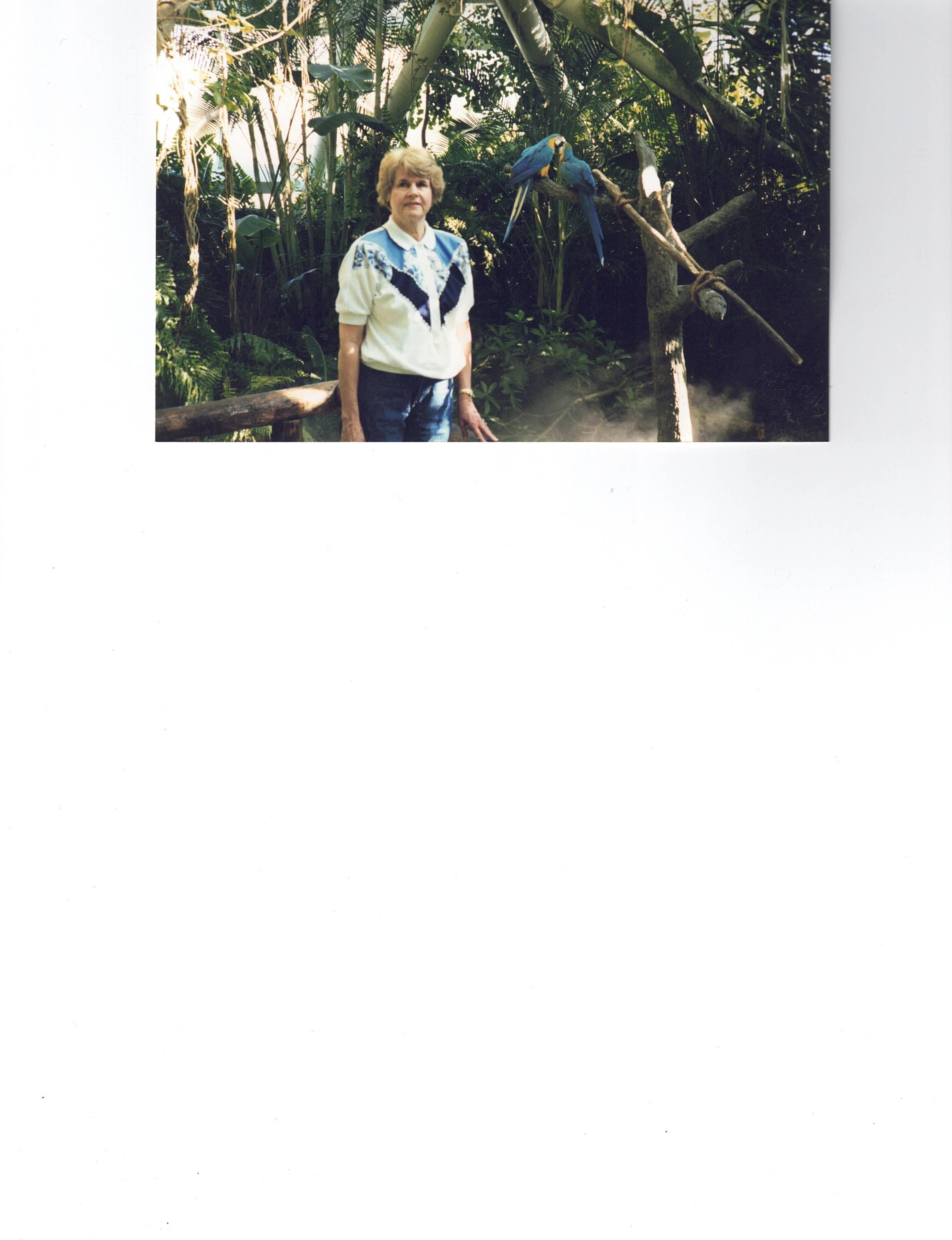 A smiling woman stands near a parrot perched on a branch in a vibrant green forest.