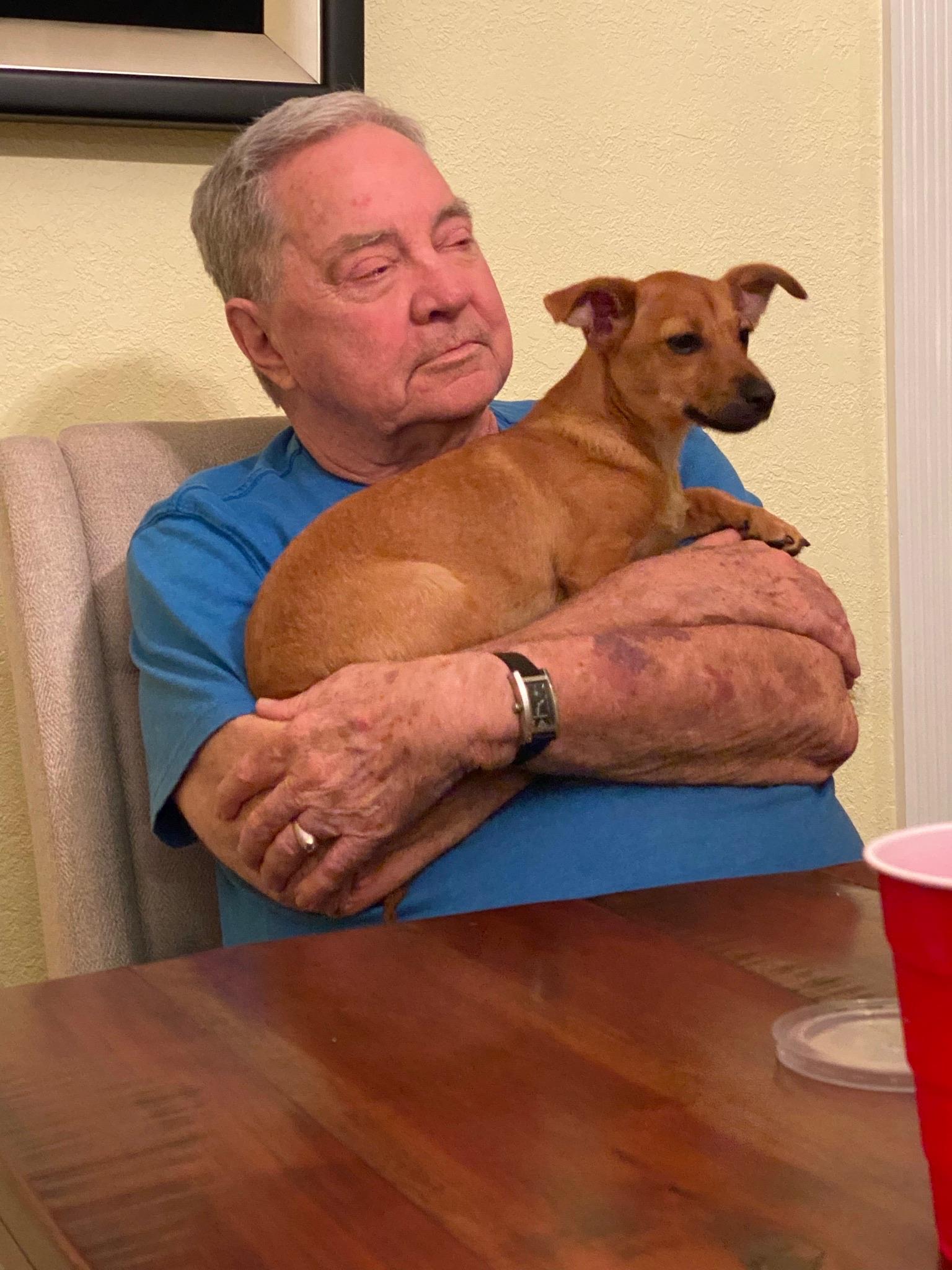 Senior man holds a small dog in his arms at home, enjoying a relaxed moment together.