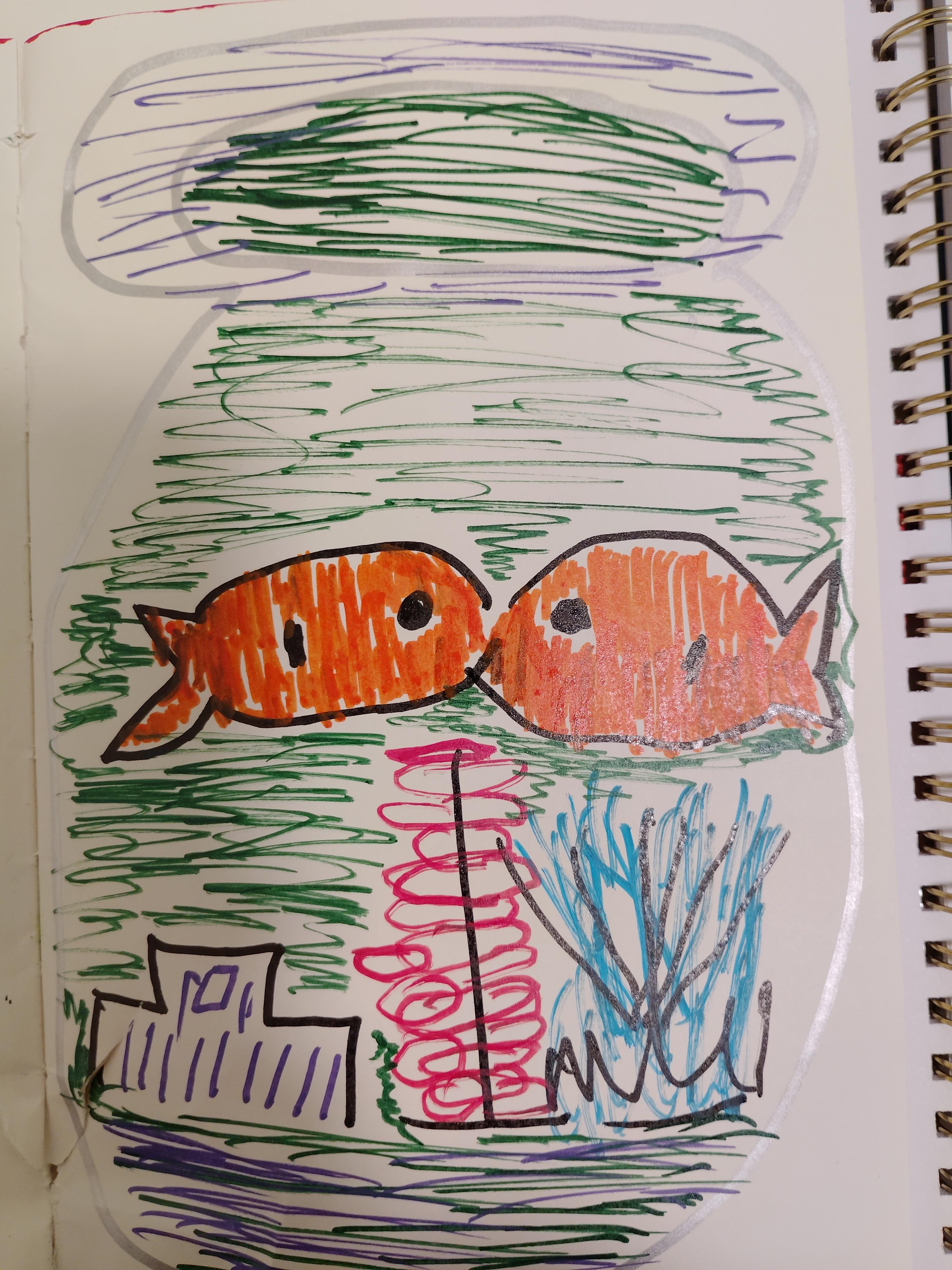 Children's drawing shows two orange fish swimming among green plants and simple shapes of buildings.