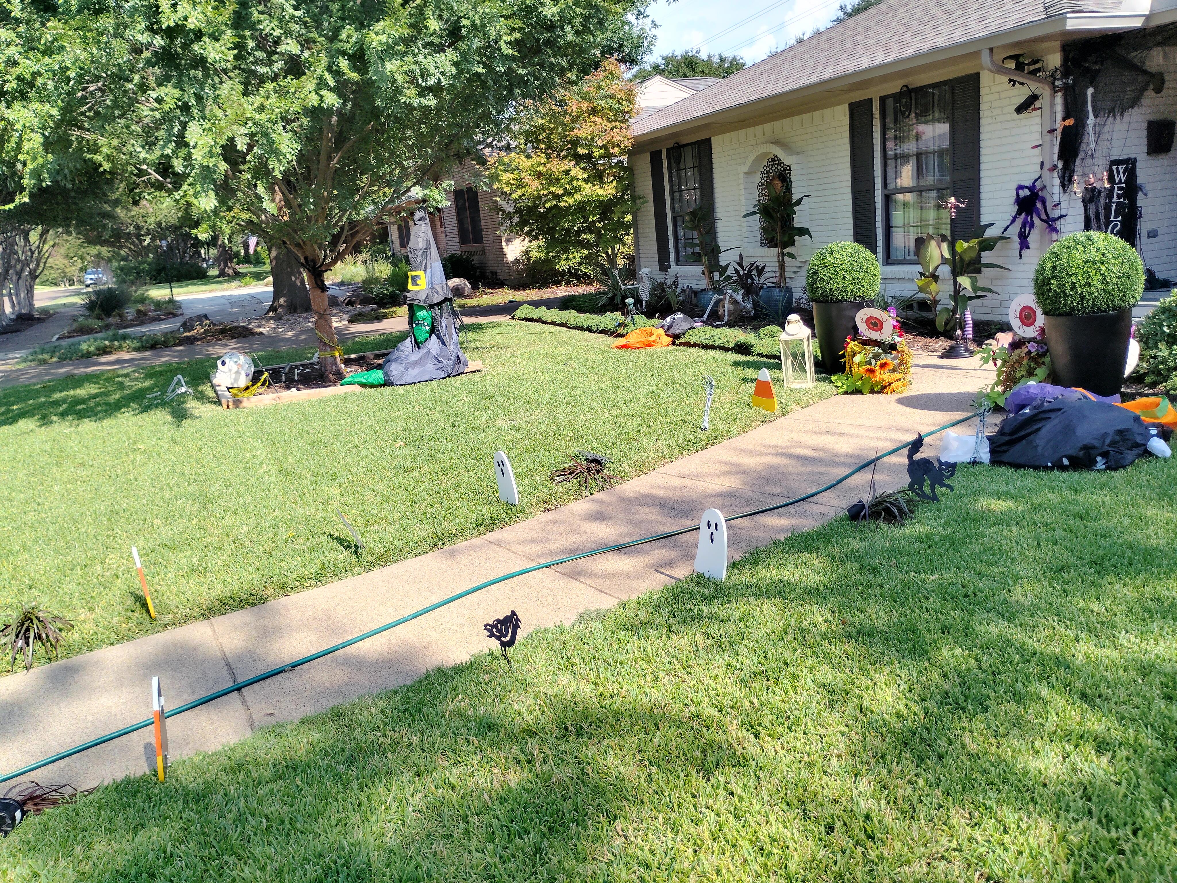 Residents display cheerful decorations in their vibrant garden on a sunny afternoon.
