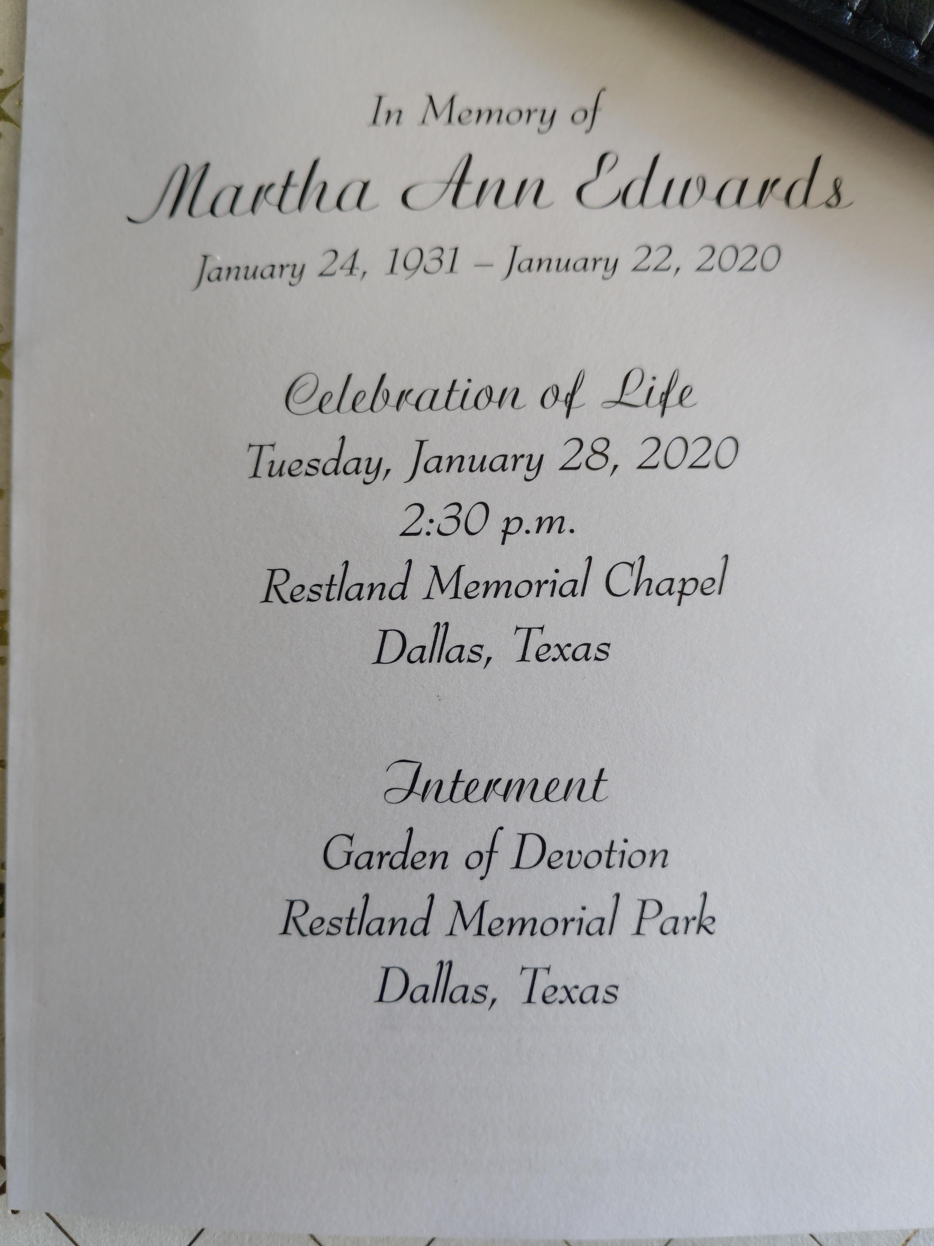 Family and friends gather to honor Martha Ann Edwards at Restland Memorial Chapel in Dallas.