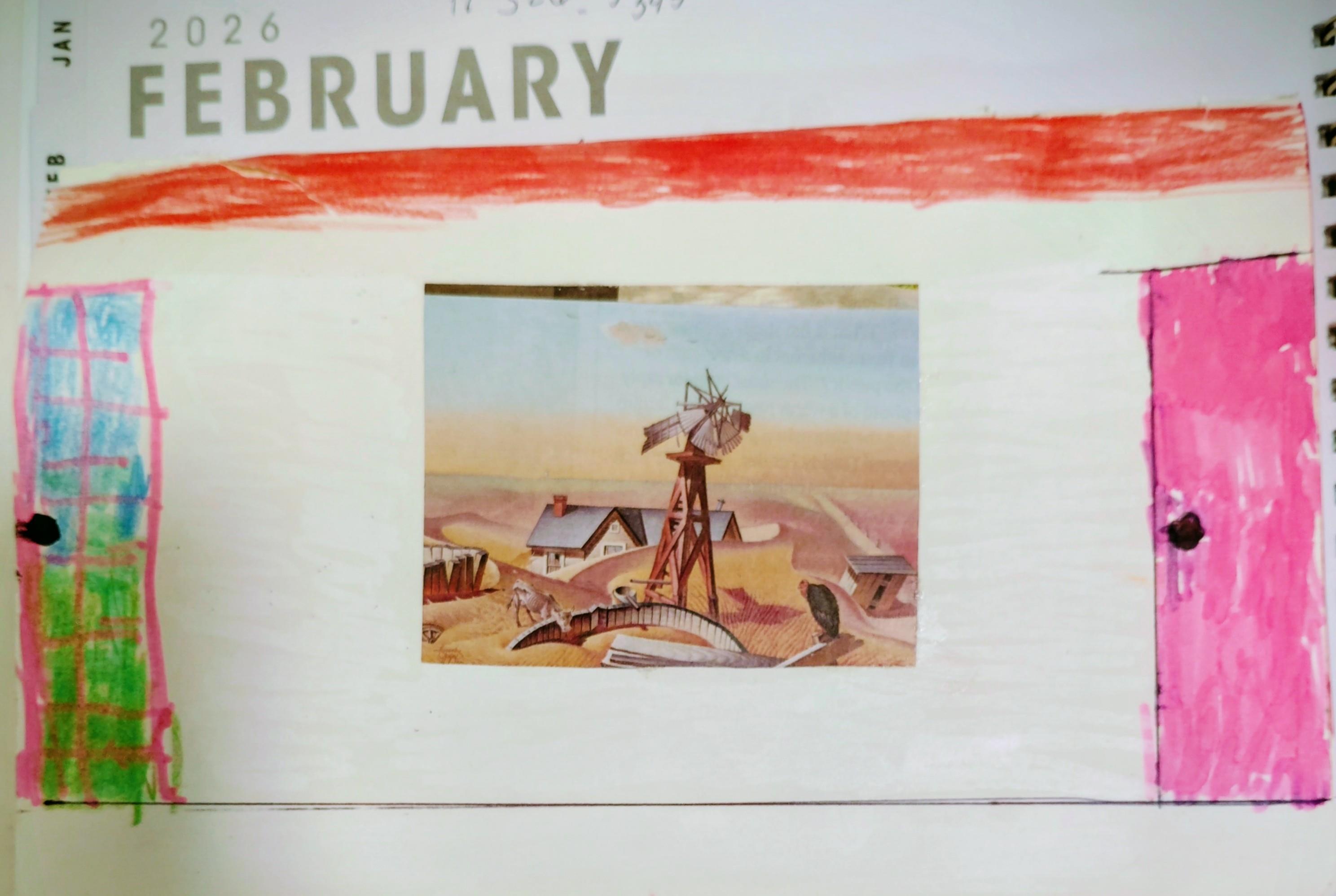 Rural scene displays a windmill and several farms in a flat landscape during February.