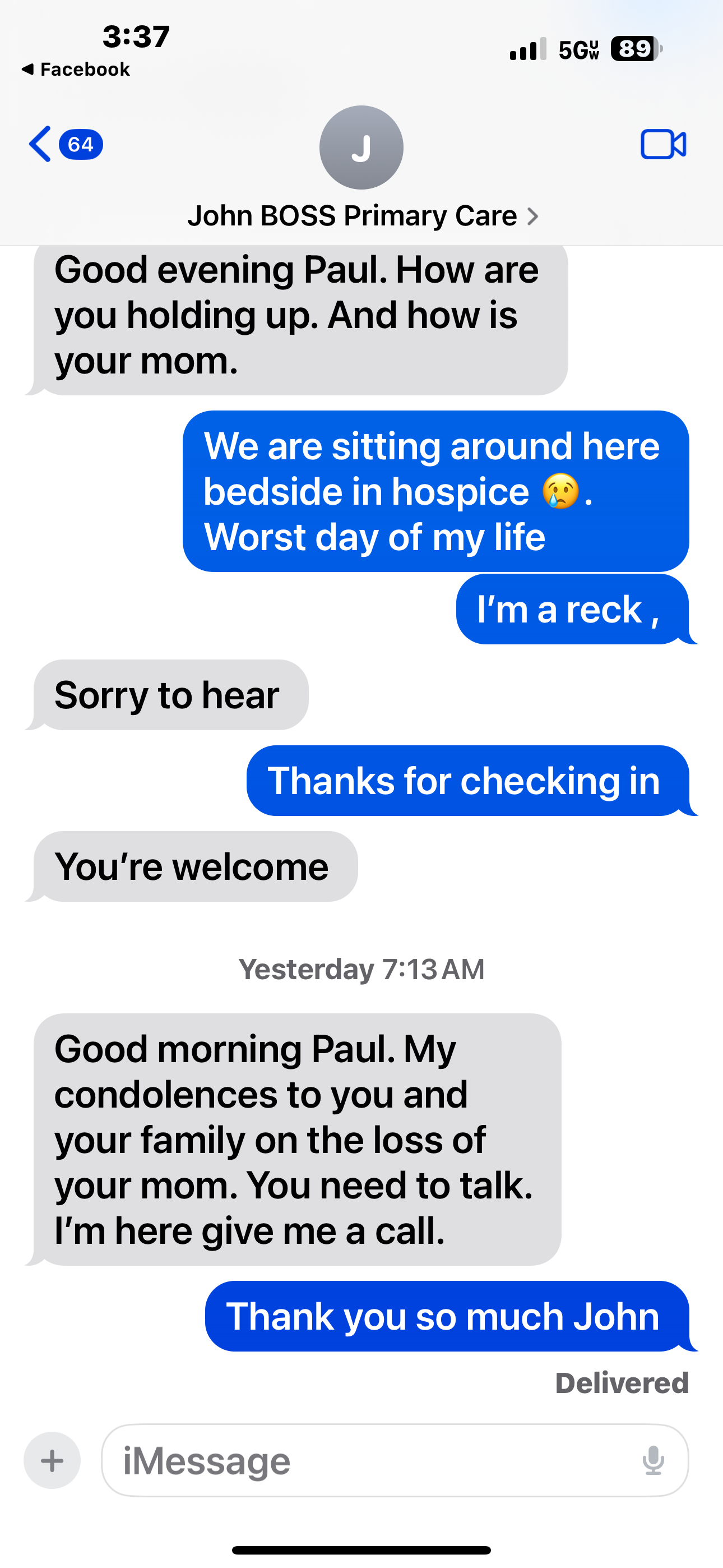 Two friends communicate about feelings related to a loved one's condition in hospice care.