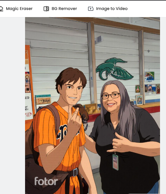 A young man smiles and makes a gesture while standing next to a woman in a community center.