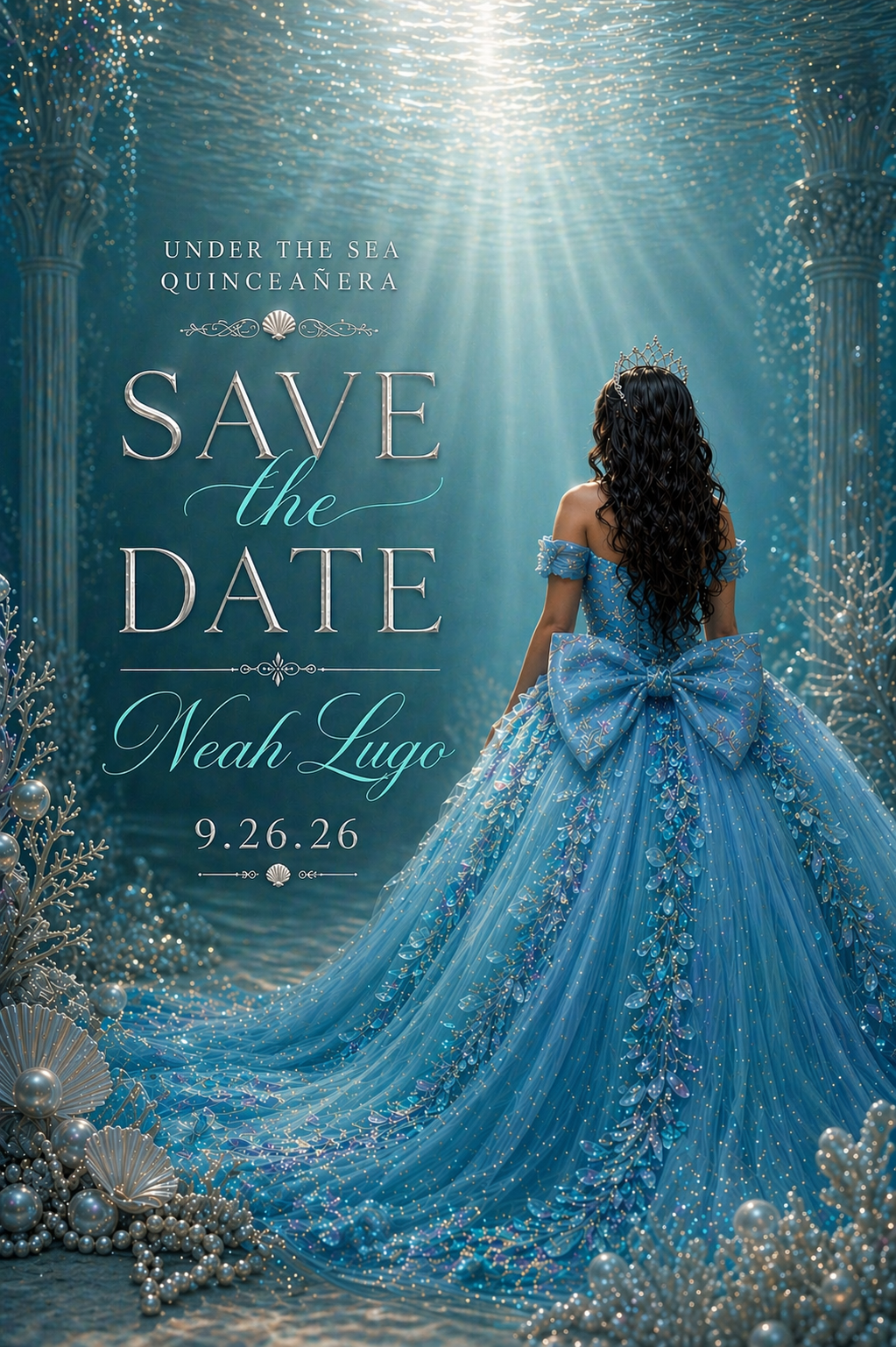 A woman in a blue dress