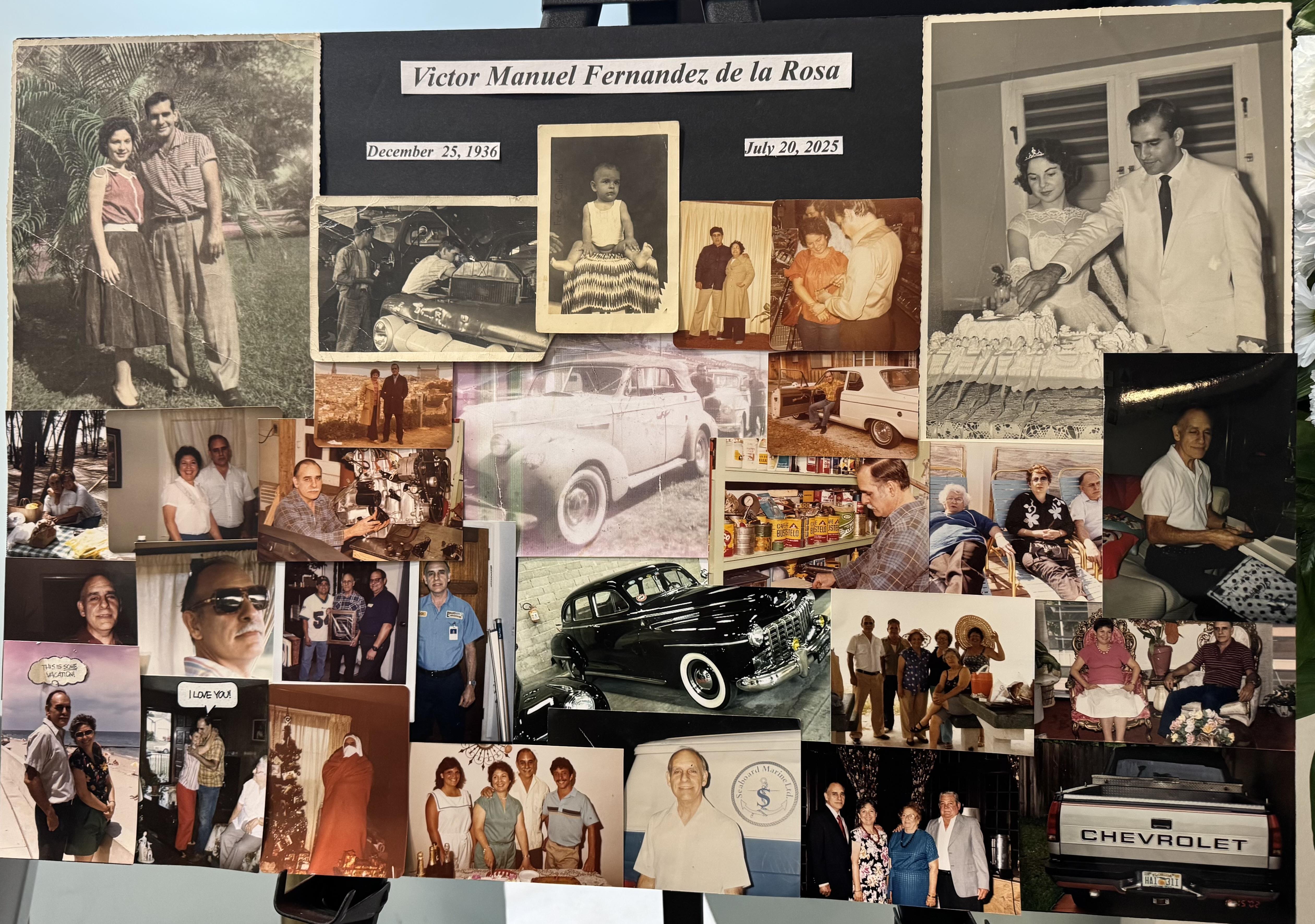 A collage of memories honoring Victor Manuel Fernandez de la Rosa at a family memorial.