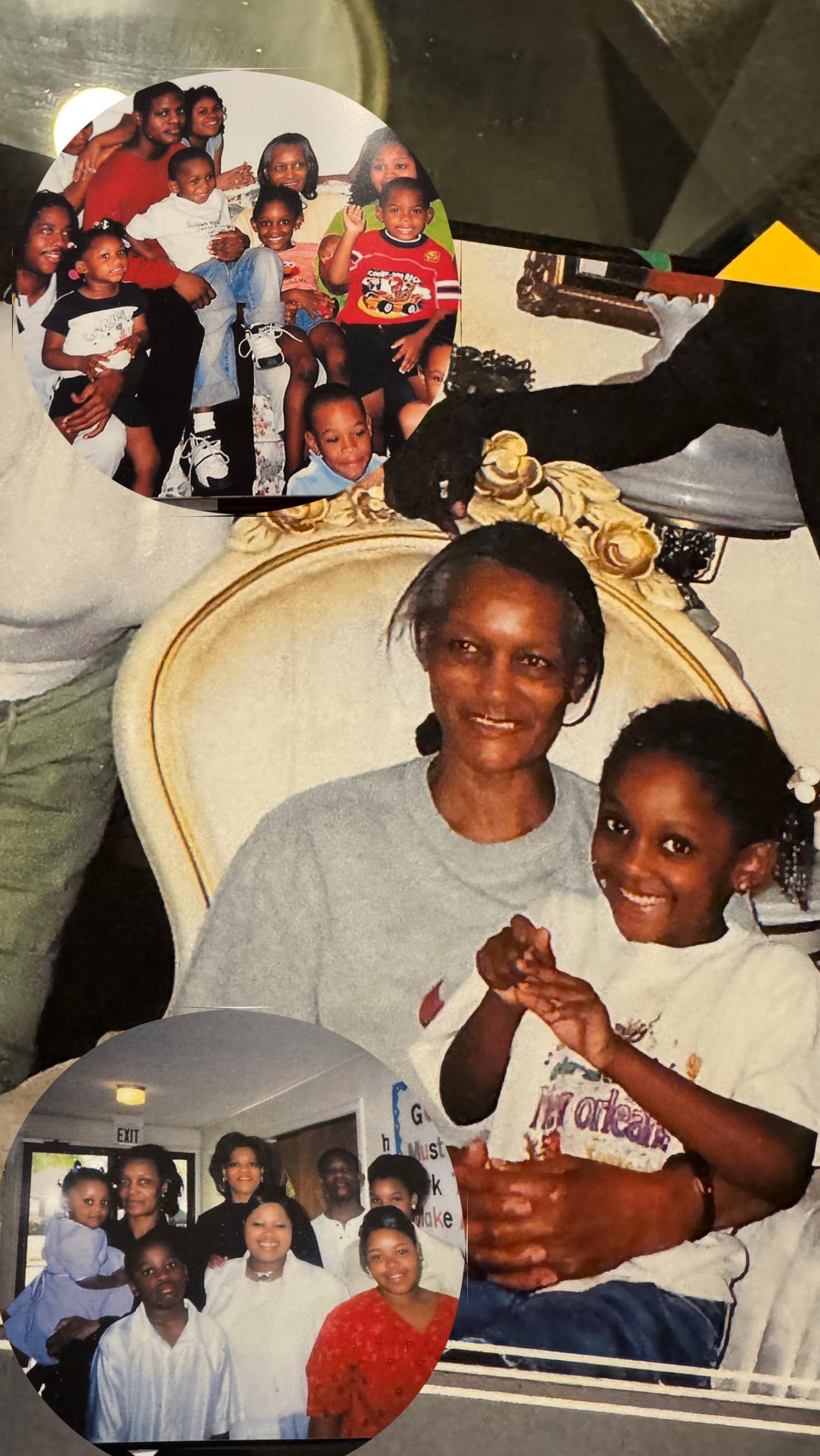 A mother and daughter share a joyful moment while celebrating at home surrounded by family.