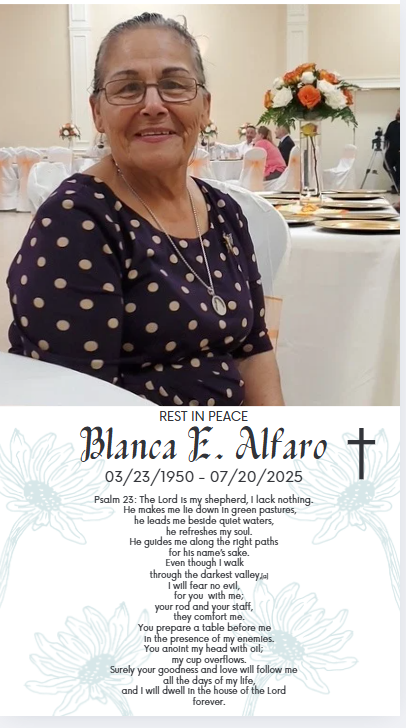 Family and friends gather to honor Blanca E. Alfaro's memory at a heartfelt memorial ceremony.
