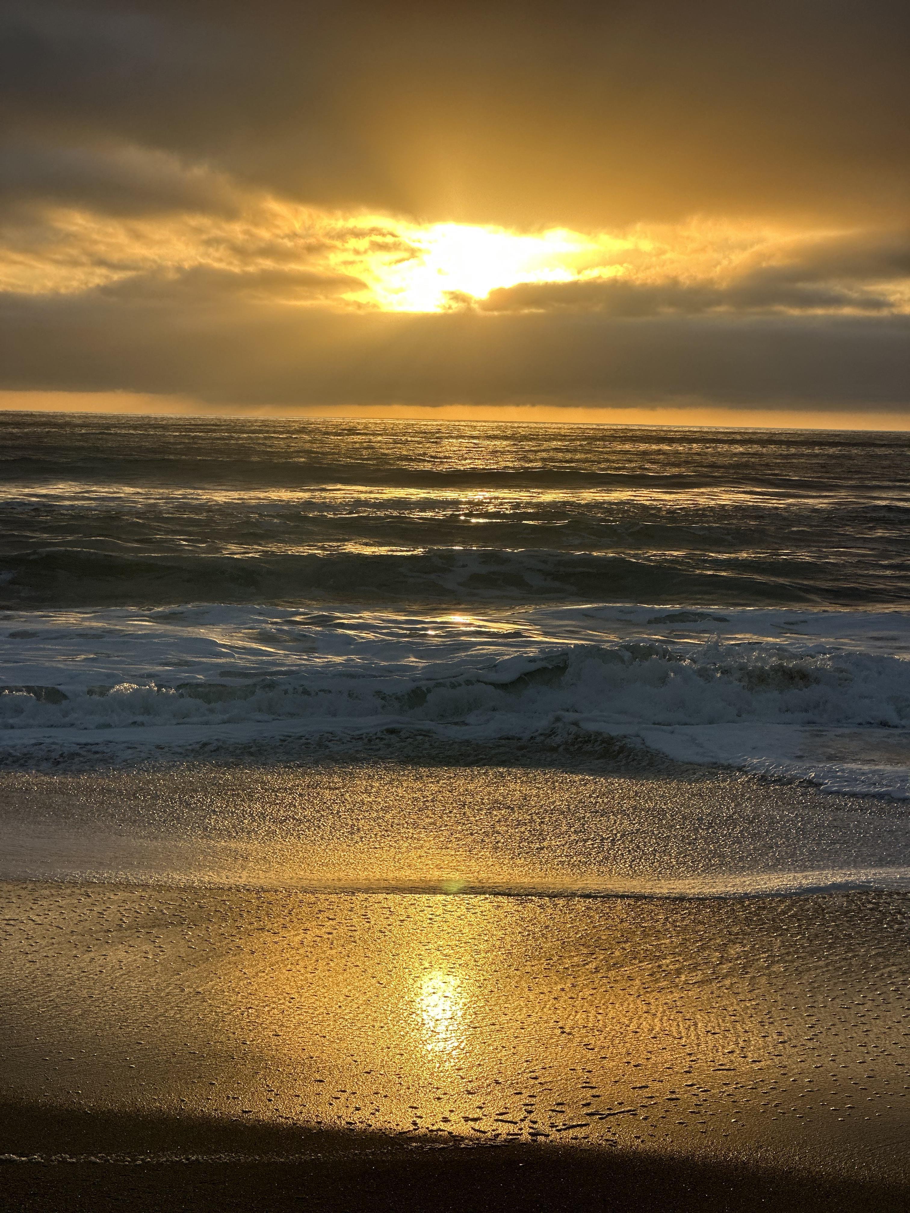 A stunning sunset illuminates the ocean with golden hues as waves gently lap the shore.