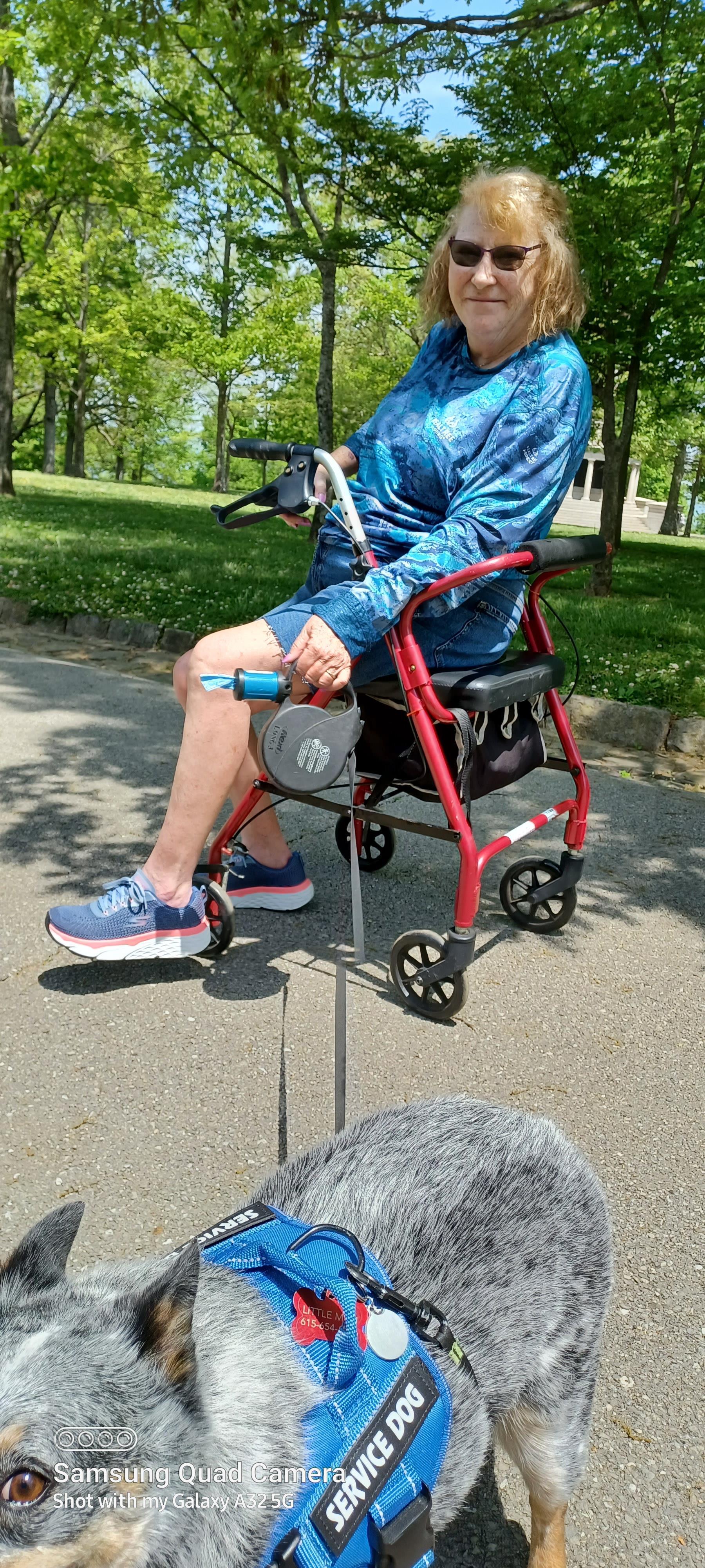 Individual navigates a park path with a walker, enjoying a bright and sunny afternoon.