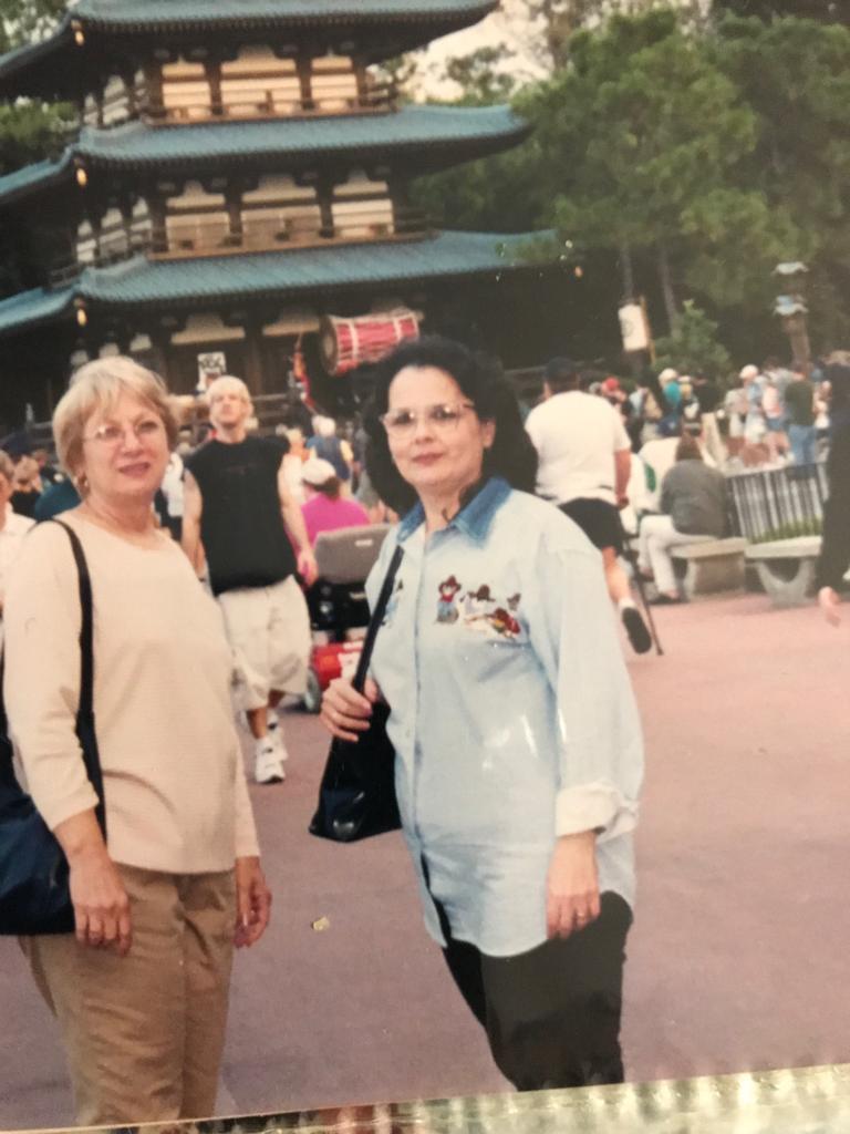 Two friends pose for a picture in a crowded theme park enjoying their day together.