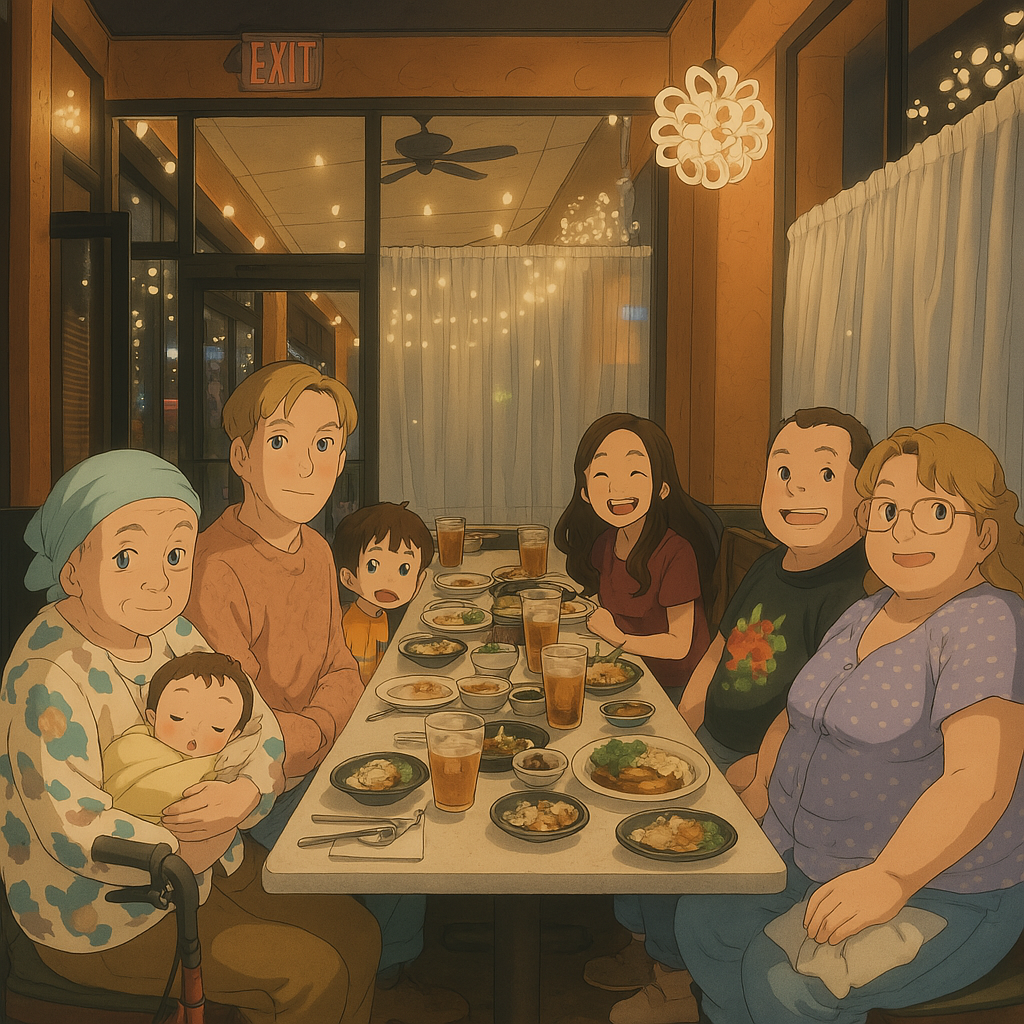 A warm family gathering in a cozy restaurant with delicious dishes and joyous smiles.