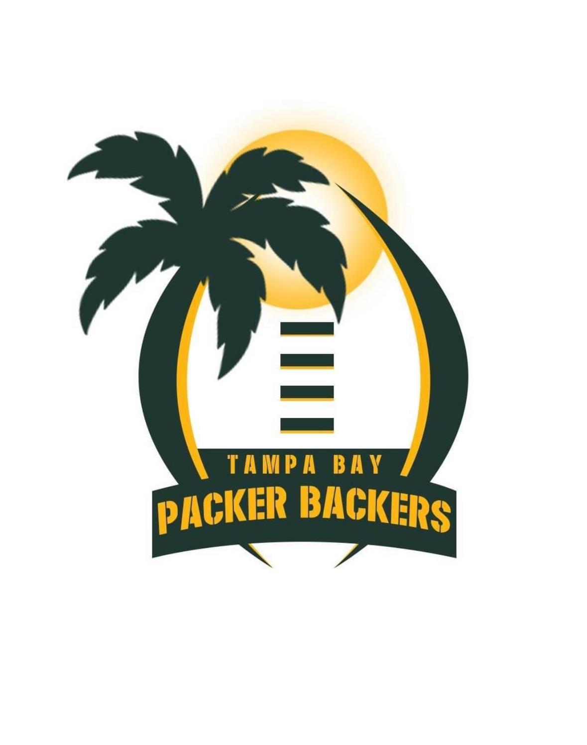 A logo featuring palm trees, a football, and vibrant colors for the Tampa Bay Packer Backers.