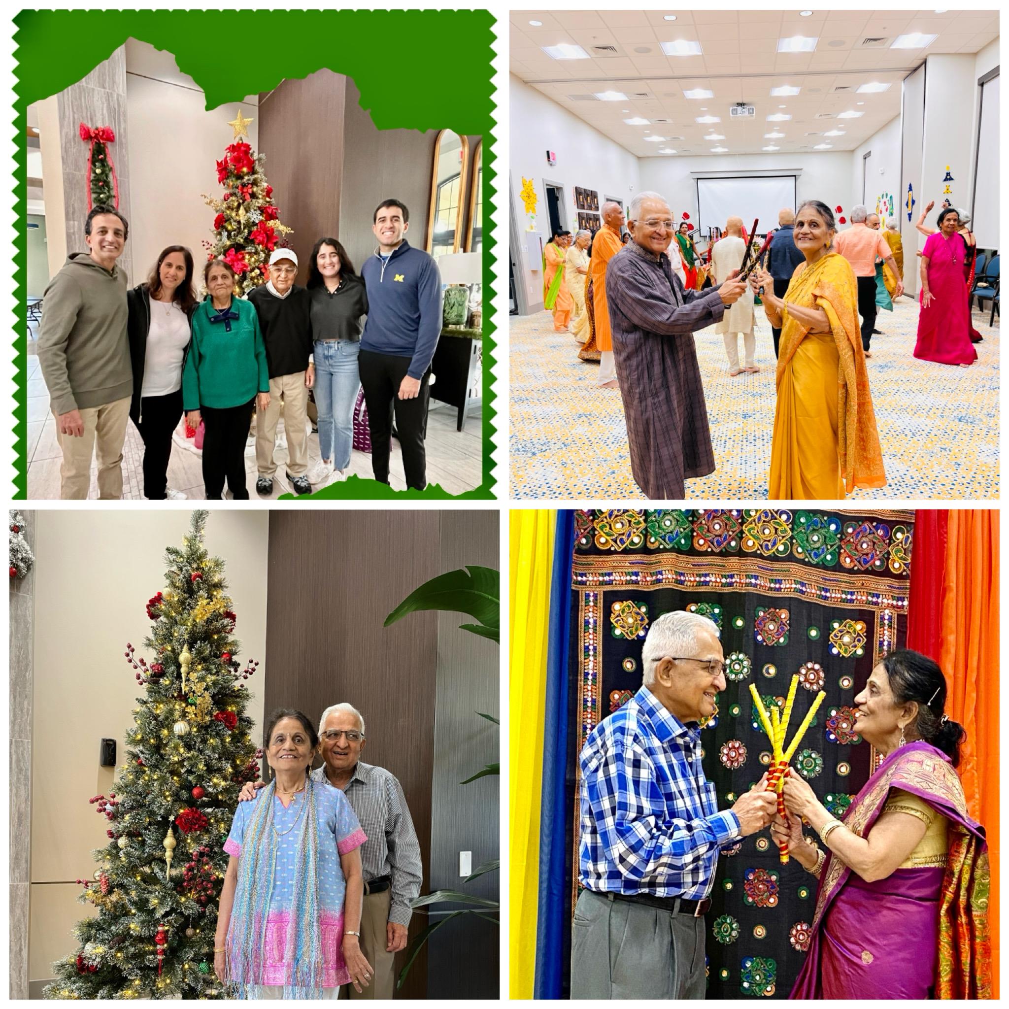 A group gathers to celebrate holidays with decorations, traditional attire, and joy.