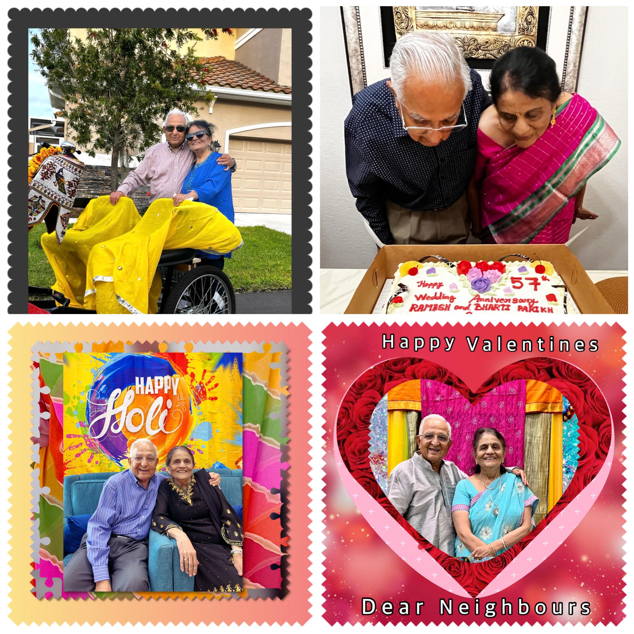 Family members enjoy Holi festivities and celebrate Valentine's Day together with vibrant colors.