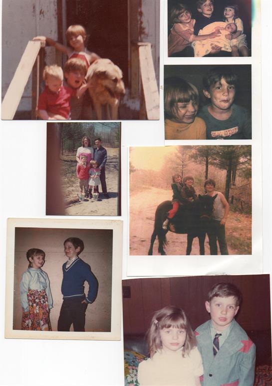 A collage of photos of children and a dog