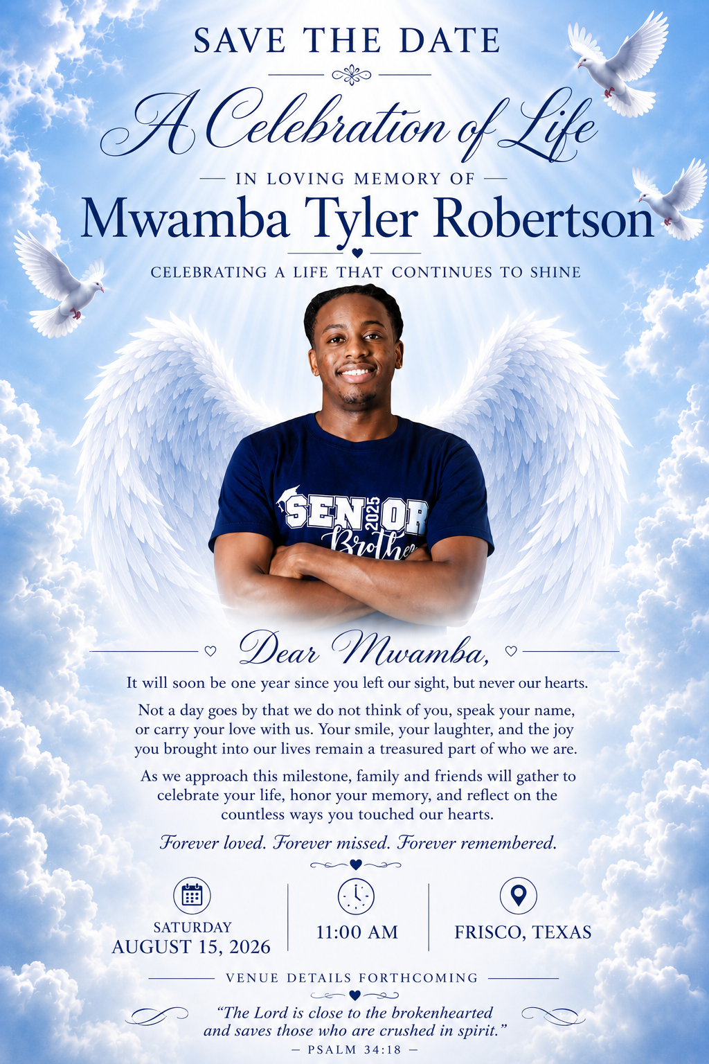 A man with wings and text on a blue background