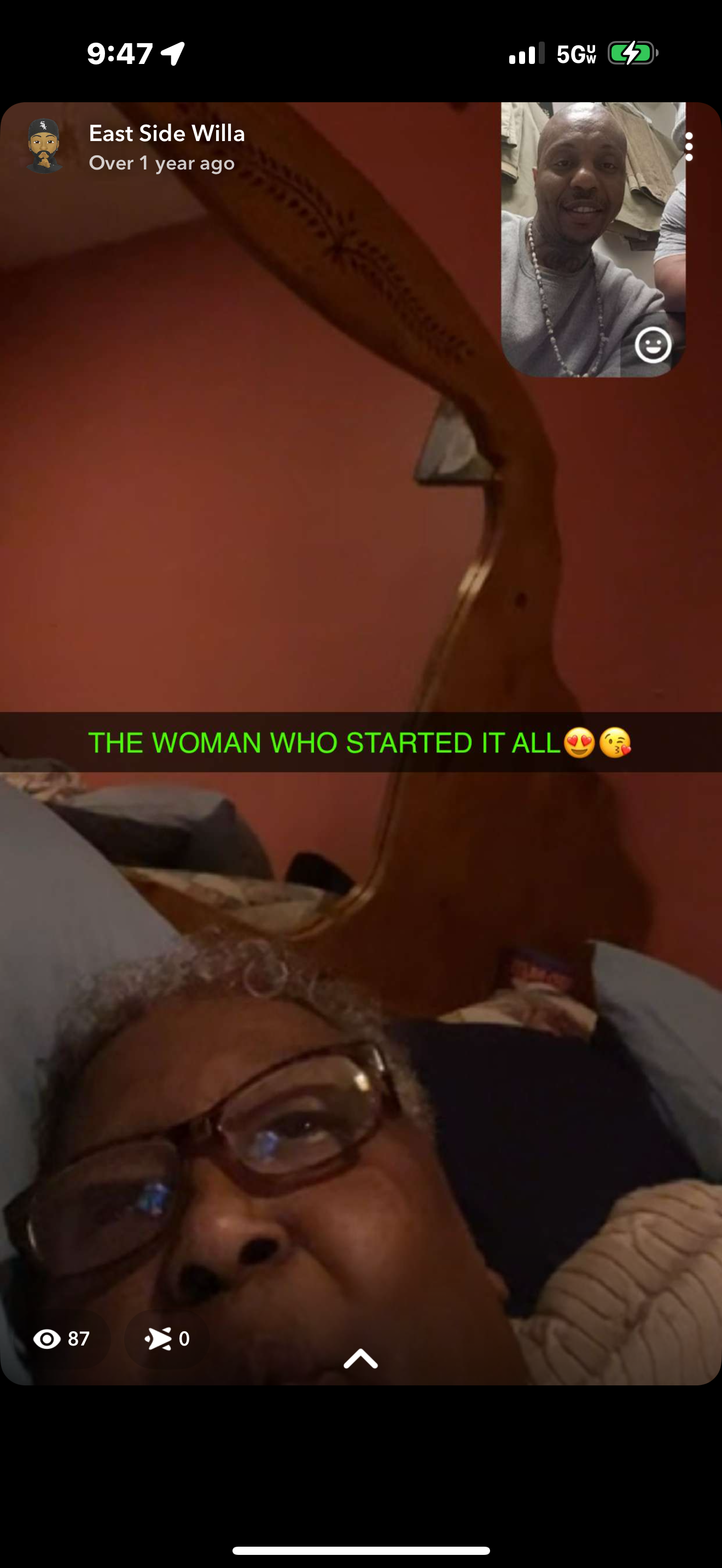 A woman relaxes in bed, reflecting on her life journey with a unique sculpture behind her.