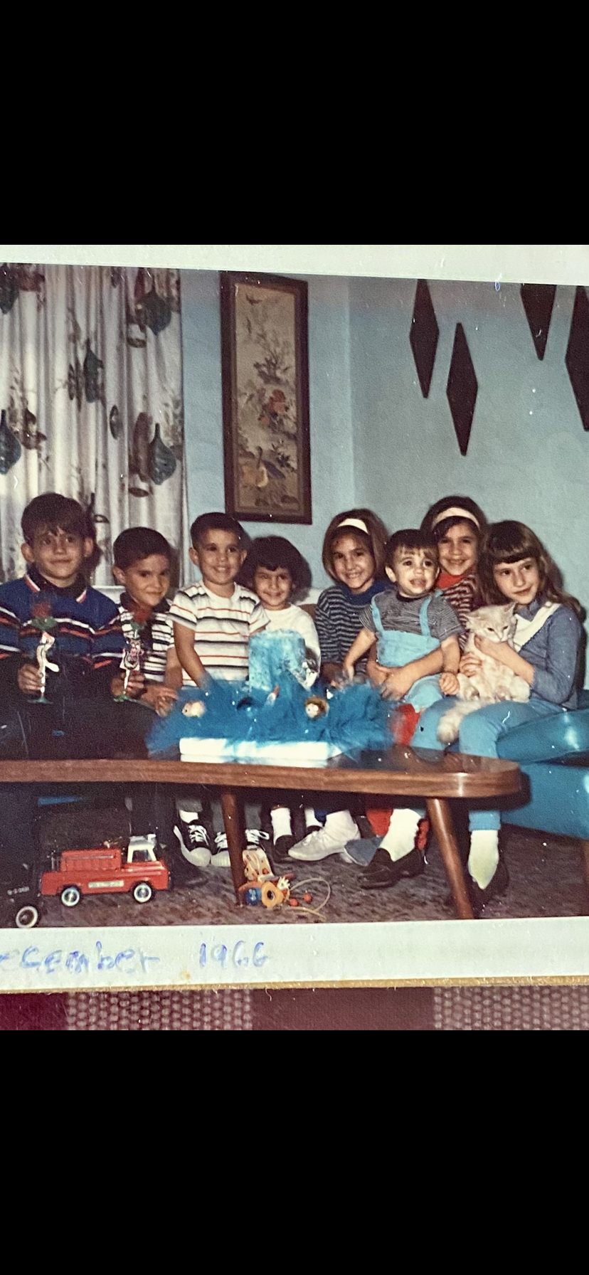 A group of children sits together in a living room filled with toys, smiling and posing happily.